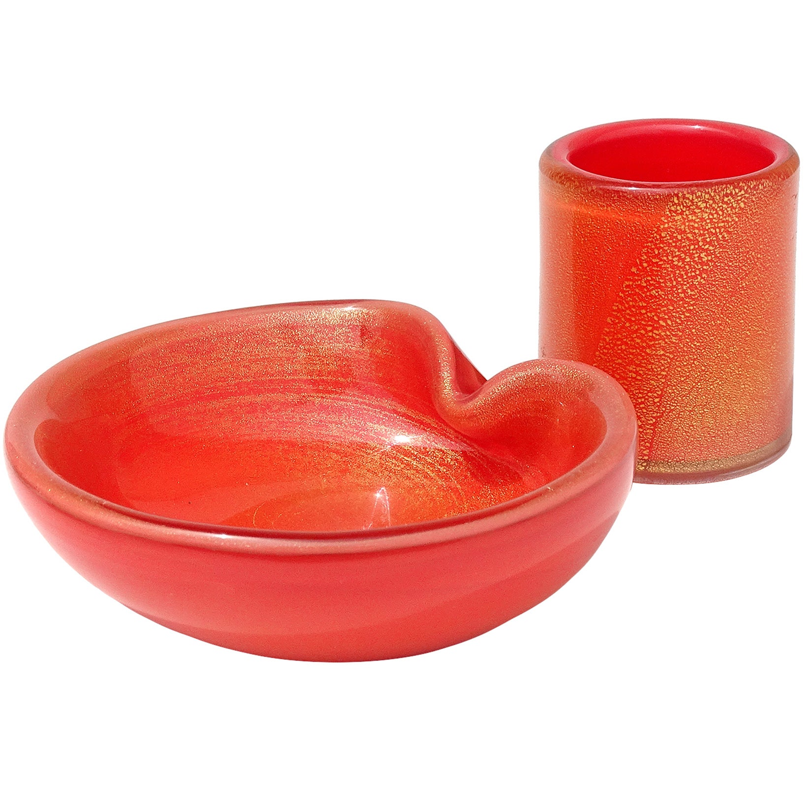 Barbini Murano Orange Gold Flecks Italian Art Glass Ring Dish Bowl Holder Set For Sale