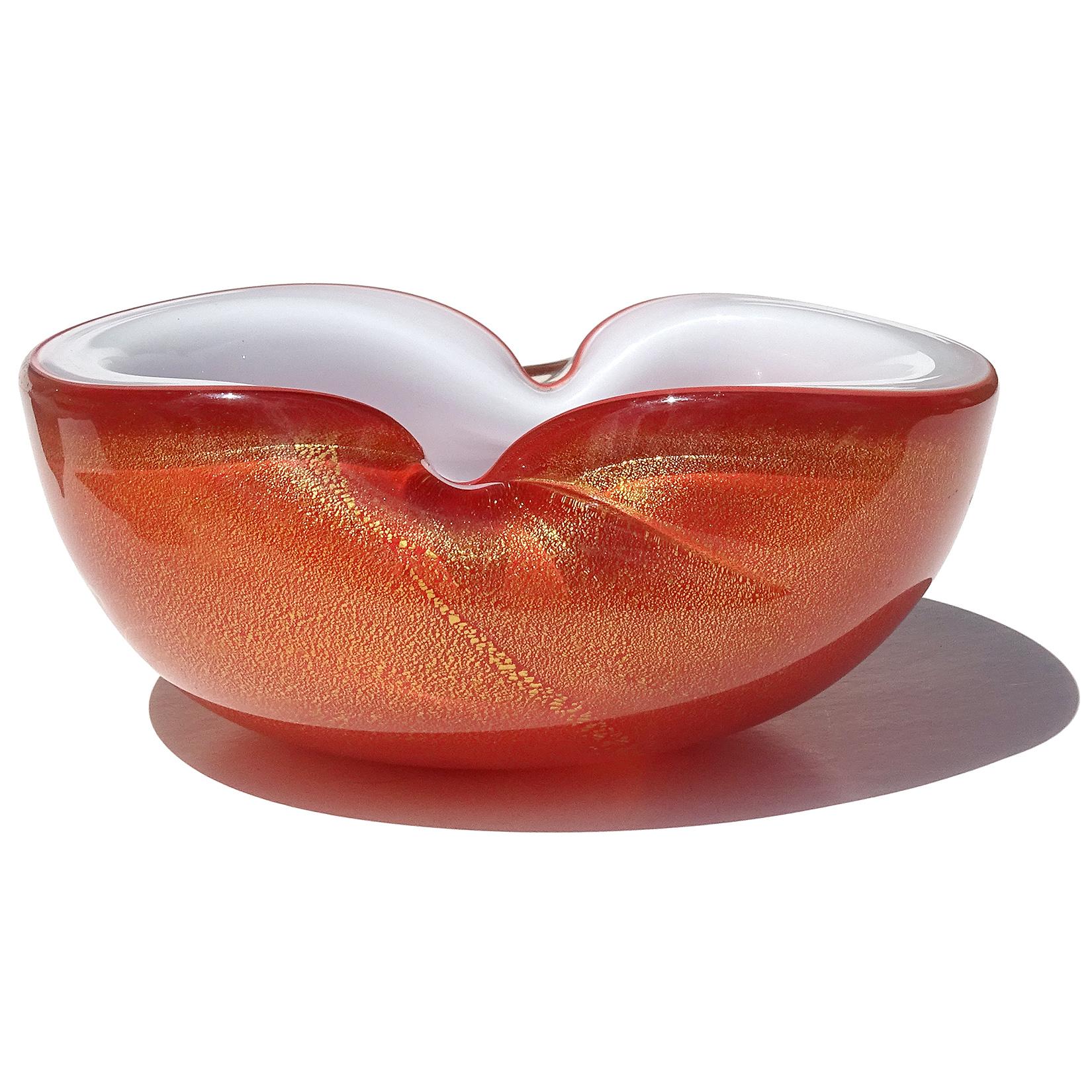 Hand-Crafted Barbini Murano Orange White Gold Flecks Italian Art Glass Midcentury Bowl Dish For Sale