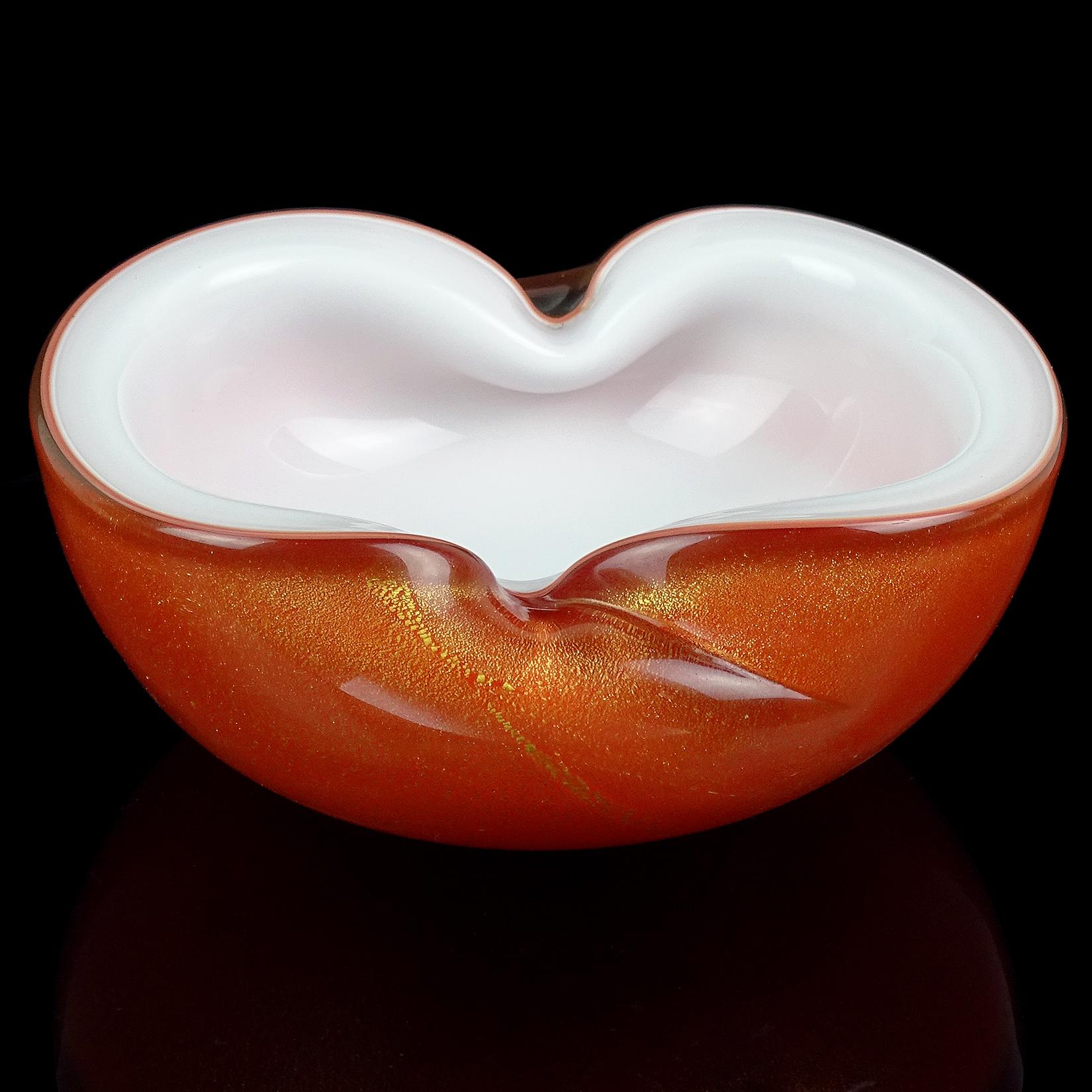 Barbini Murano Orange White Gold Flecks Italian Art Glass Midcentury Bowl Dish In Good Condition For Sale In Kissimmee, FL