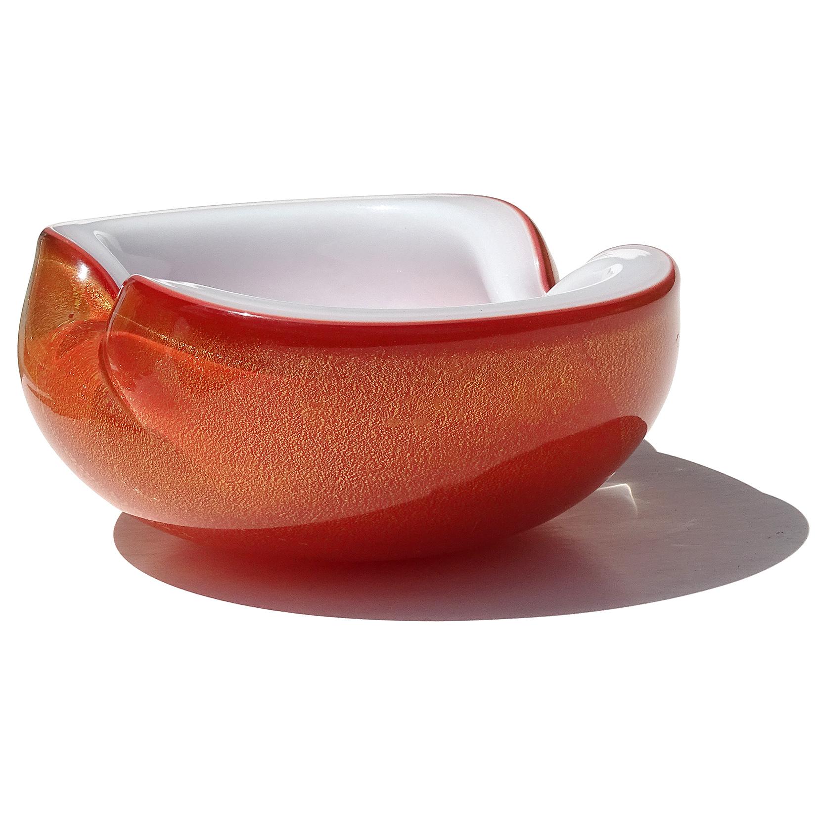 20th Century Barbini Murano Orange White Gold Flecks Italian Art Glass Midcentury Bowl Dish For Sale