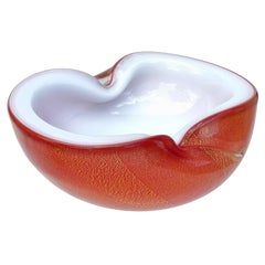 Barbini Murano Orange Blanc Taches d'Or Verre d'Art Italien Plat en verre du milieu du siècle