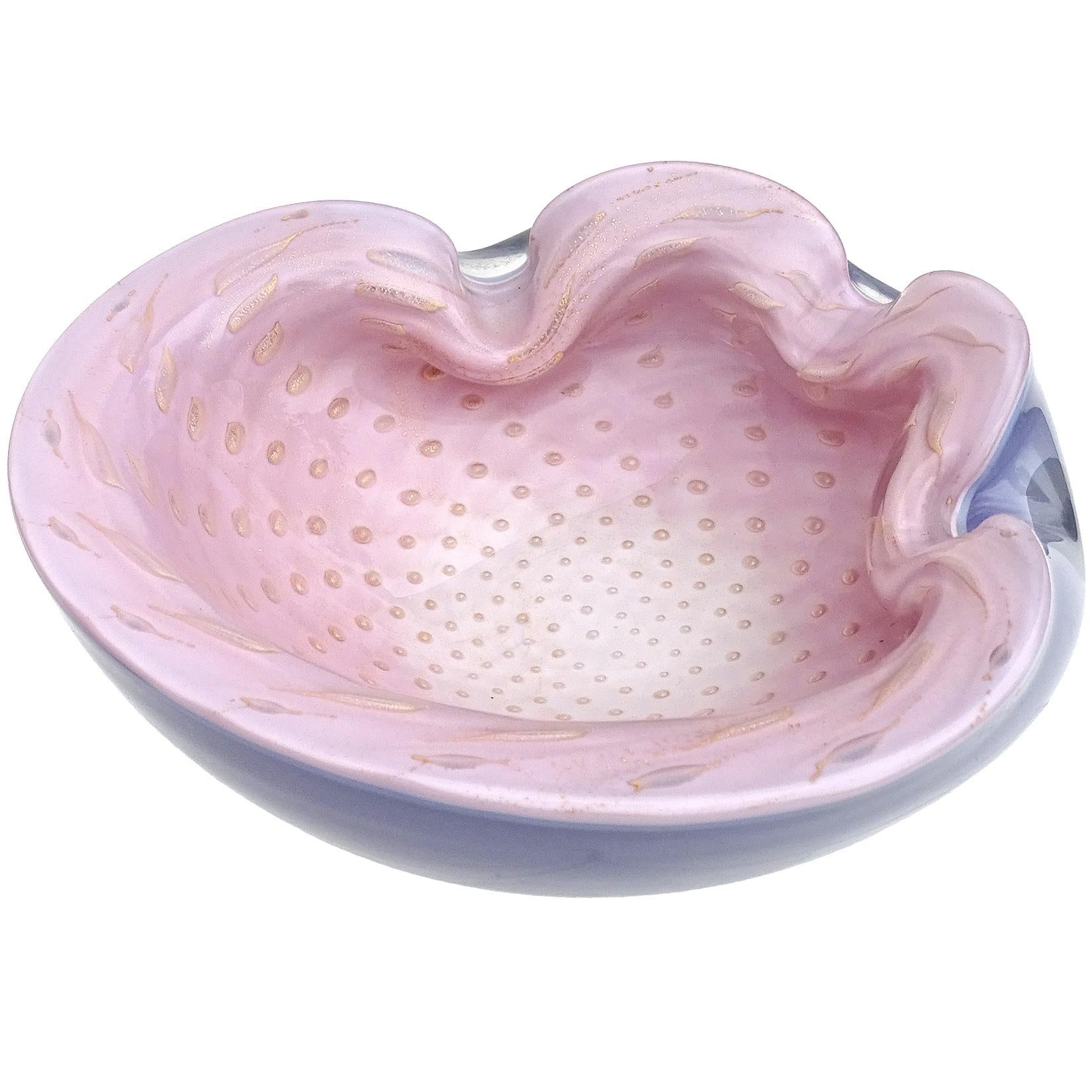 Mid-Century Modern Barbini Murano Pink Blue Gold Flecks Bubbles Italian Art Glass Bowl Ashtray For Sale