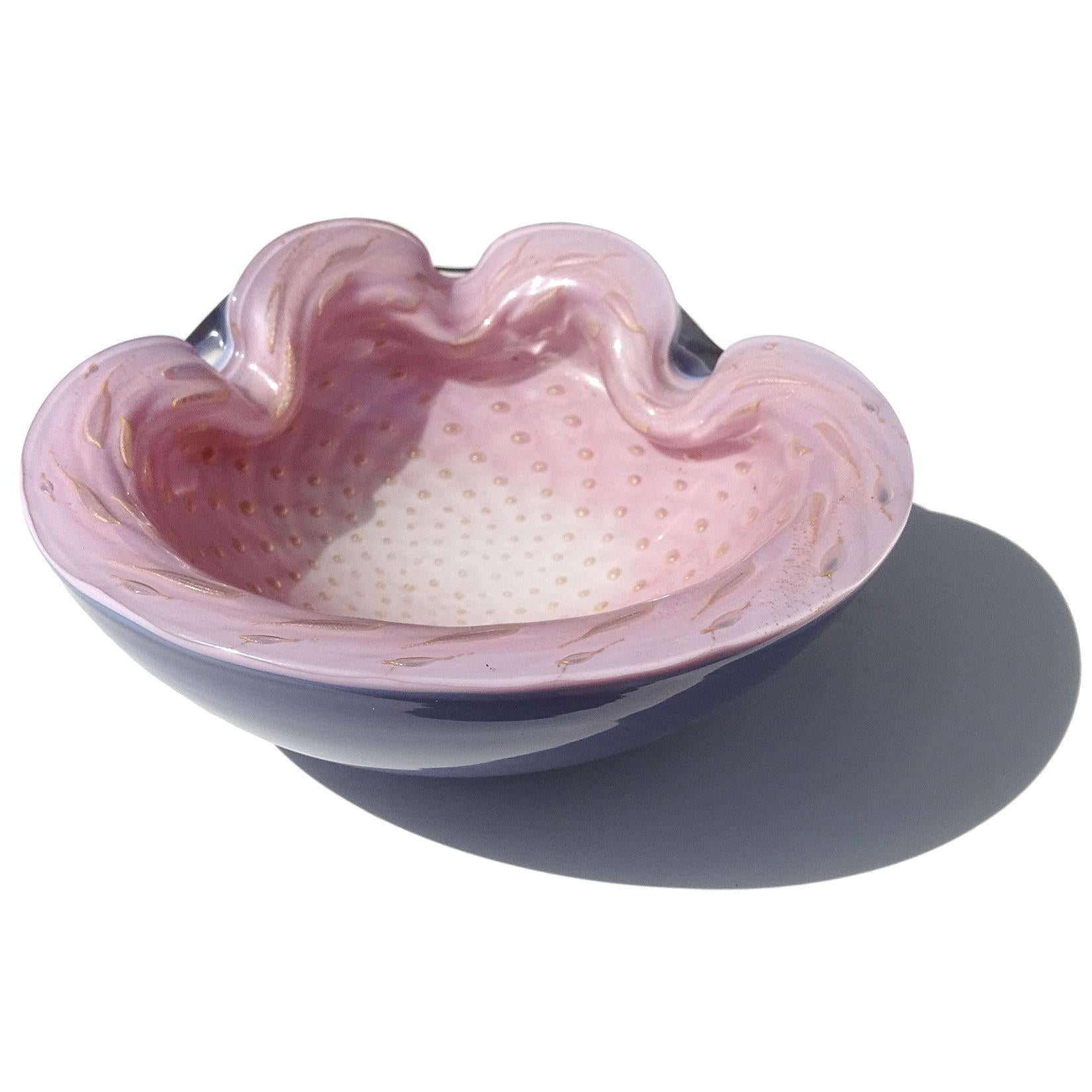 20th Century Barbini Murano Pink Blue Gold Flecks Bubbles Italian Art Glass Bowl Ashtray For Sale