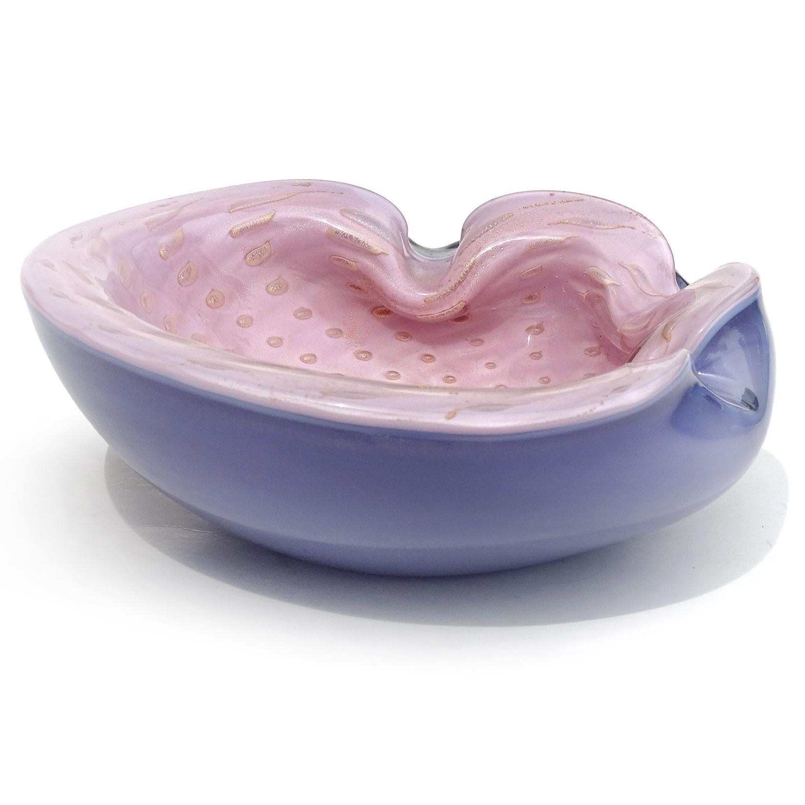 Barbini Murano Pink Blue Gold Flecks Bubbles Italian Art Glass Bowl Ashtray For Sale 1