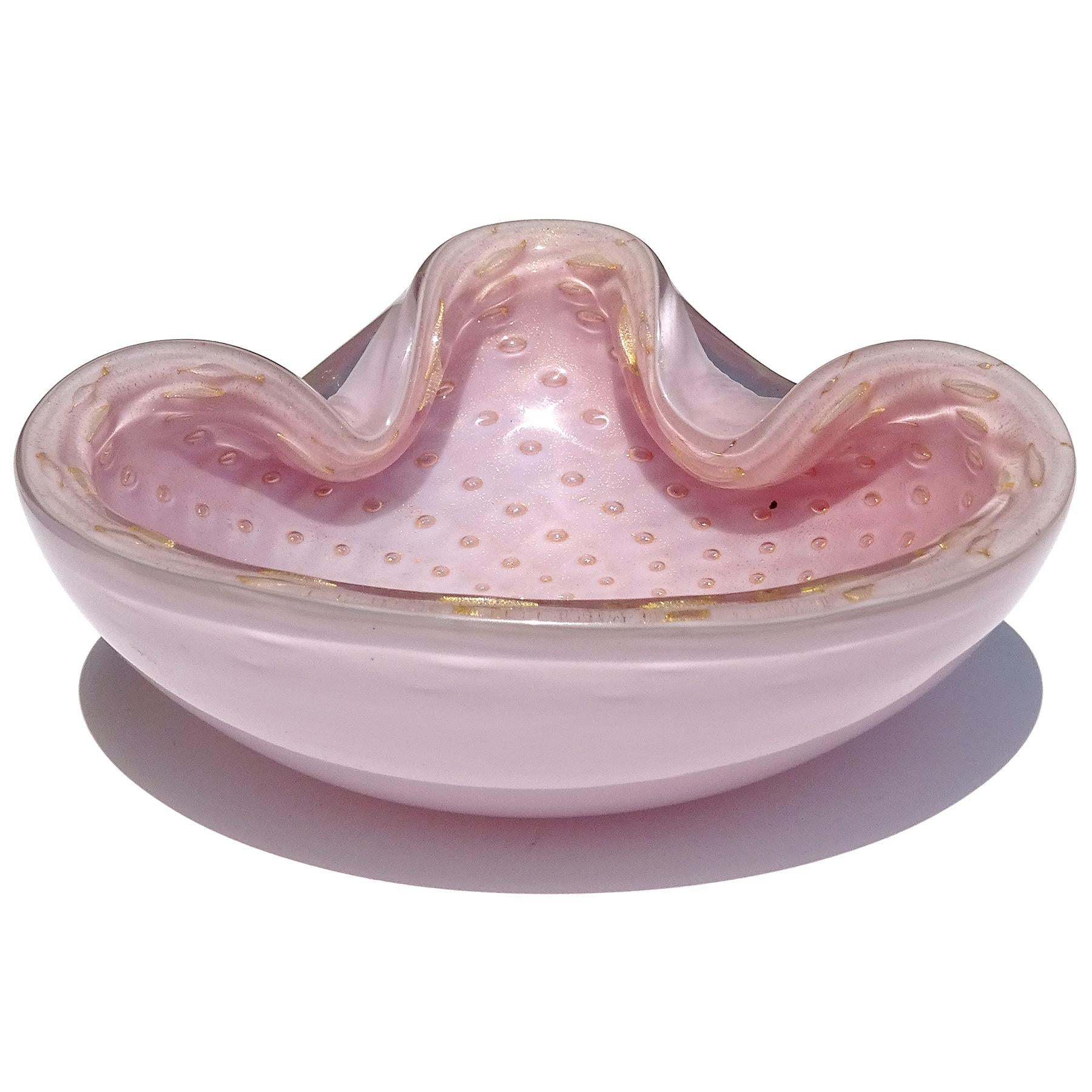 Mid-Century Modern Barbini Murano Pink Gold Flecks Control Bubbles Italian Art Glass Bowl Ashtray For Sale