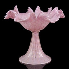Barbini Murano Pink Gold Flecks Italian Art Glass Flower Design Compote Bowl