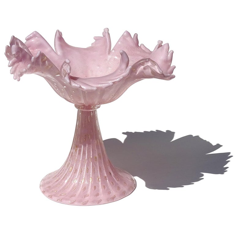 Mid-Century Modern Barbini Murano Pink Gold Flecks Italian Art Glass Flower Design Compote Bowl For Sale