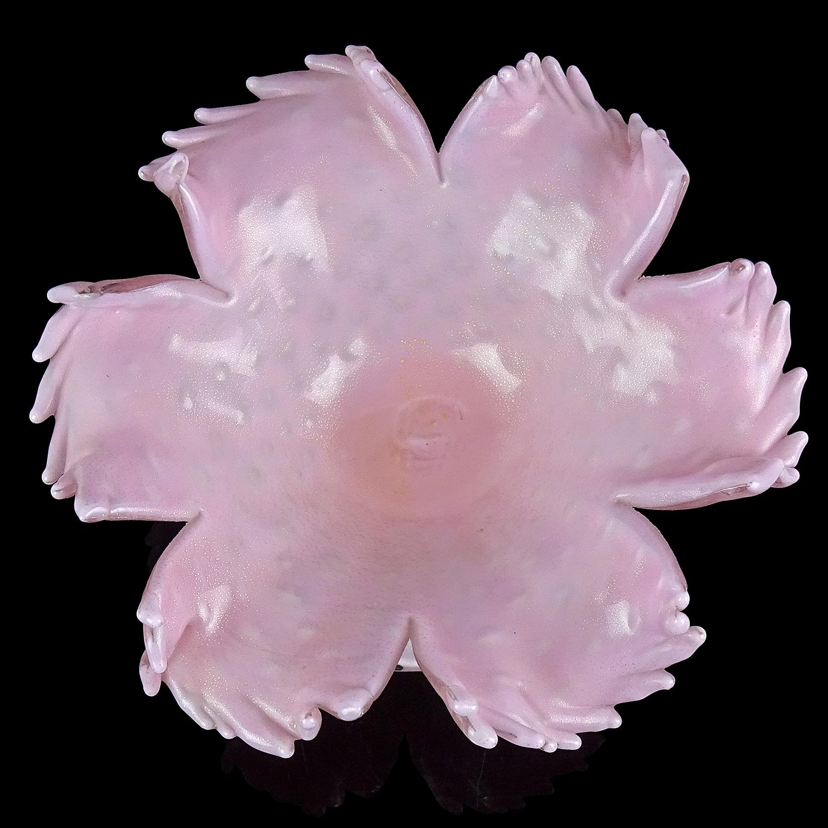 Barbini Murano Pink Gold Flecks Italian Art Glass Flower Design Compote Bowl In Good Condition In Kissimmee, FL