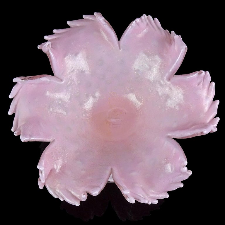 Barbini Murano Pink Gold Flecks Italian Art Glass Flower Design Compote Bowl In Good Condition For Sale In Kissimmee, FL
