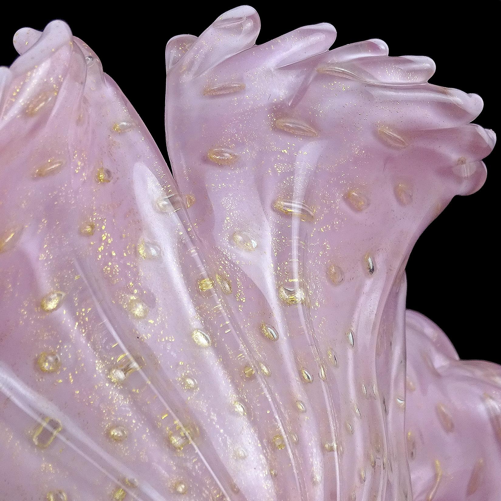 Mid-20th Century Barbini Murano Pink Gold Flecks Italian Art Glass Flower Design Compote Bowl