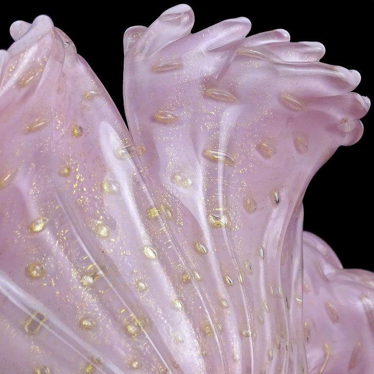 Mid-20th Century Barbini Murano Pink Gold Flecks Italian Art Glass Flower Design Compote Bowl For Sale