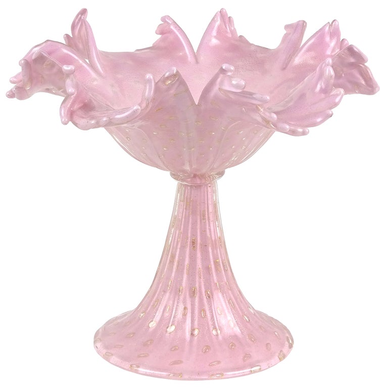 Barbini Murano Pink Gold Flecks Italian Art Glass Flower Design Compote Bowl For Sale