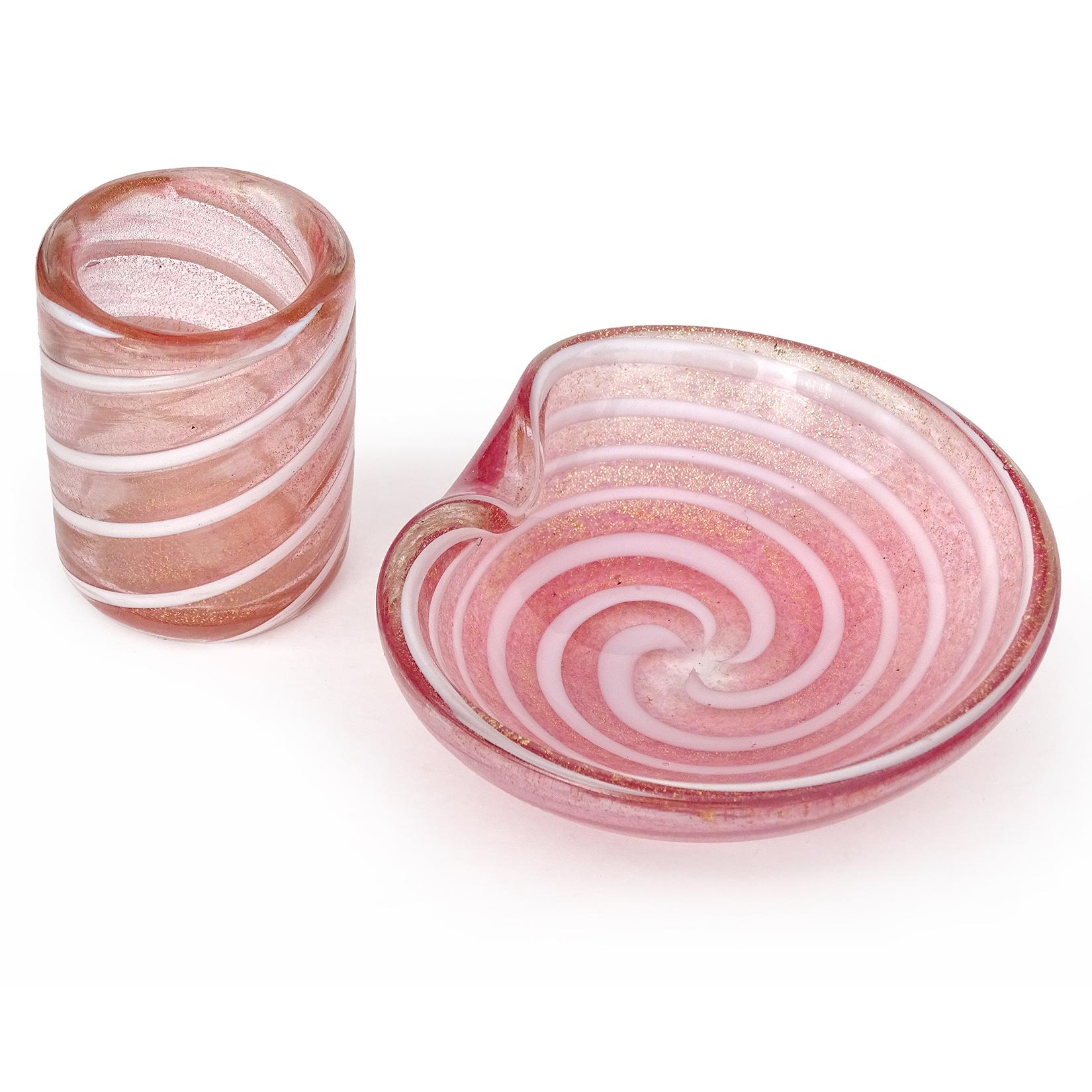 Beautiful vintage Murano hand blown pink, white and gold flecks Italian art glass bowl and holder set. Documented to designer Alfredo Barbini. The color of both pieces is made with little dots of pink color. They have a white swirl design, and
