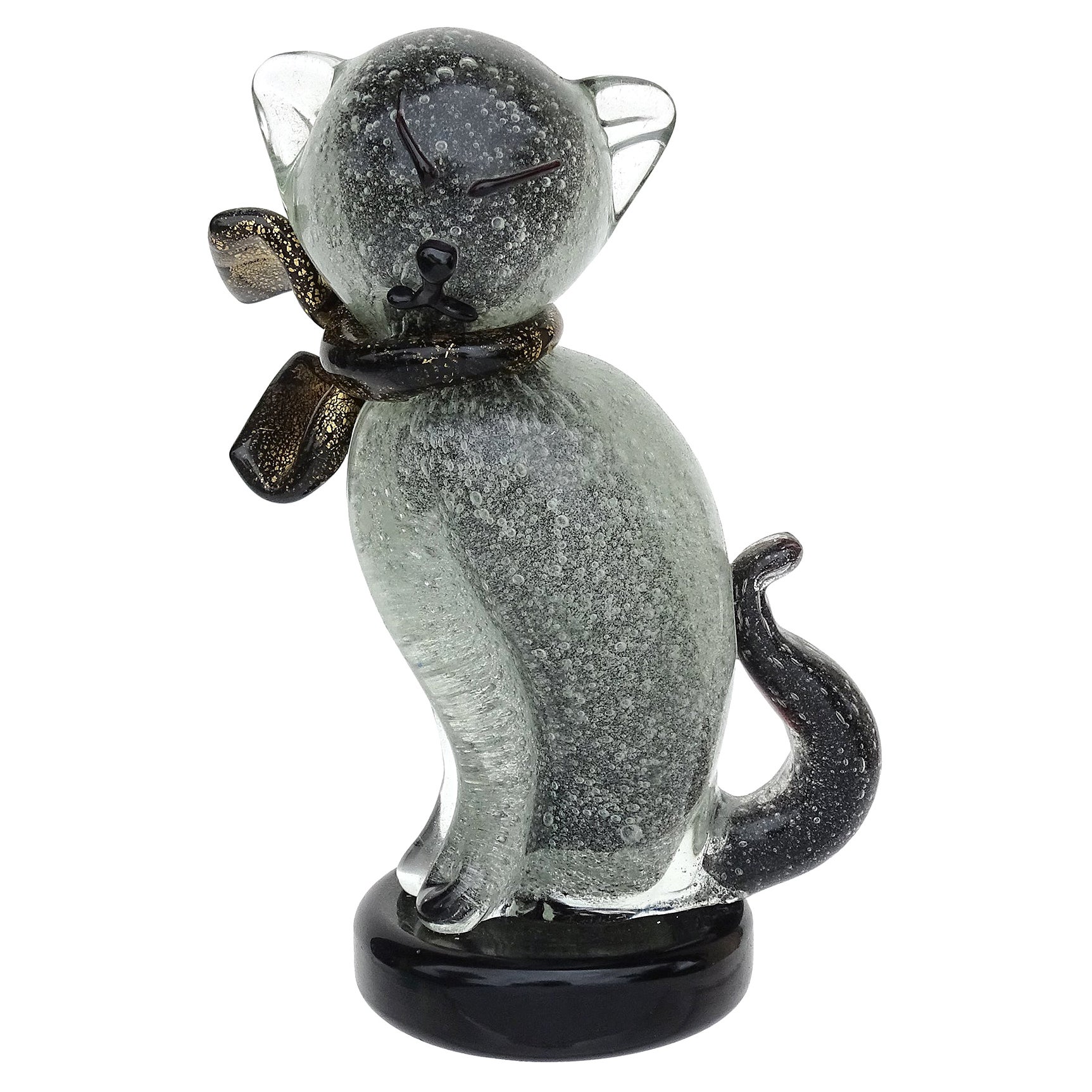 Barbini Murano Pulegoso Black Gold Flecks Italian Art Glass Kitty Cat Sculpture