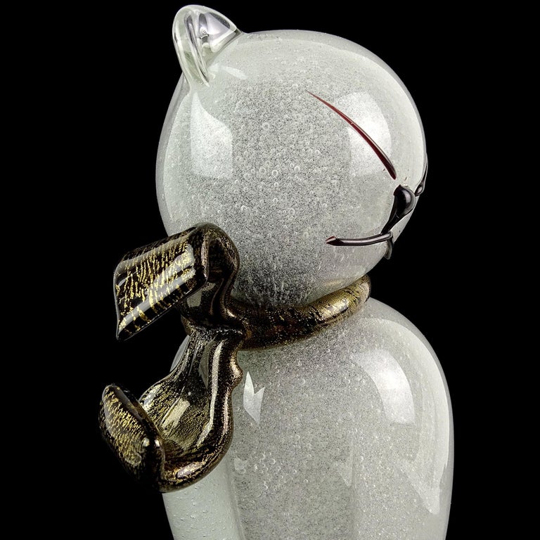 Hand-Crafted Barbini Murano Pulegoso Gray Gold Flecks Italian Art Glass Kitty Cat Sculpture For Sale
