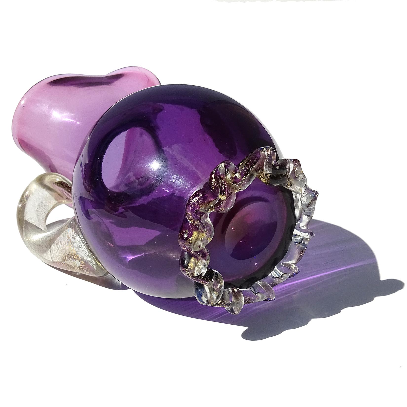 Hand-Crafted Barbini Murano Purple Amethyst Gold Flecks Handle Italian Art Glass Pitcher Vase For Sale