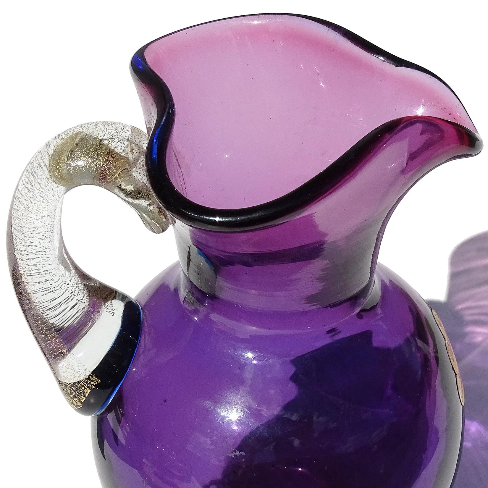 20th Century Barbini Murano Purple Amethyst Gold Flecks Handle Italian Art Glass Pitcher Vase For Sale
