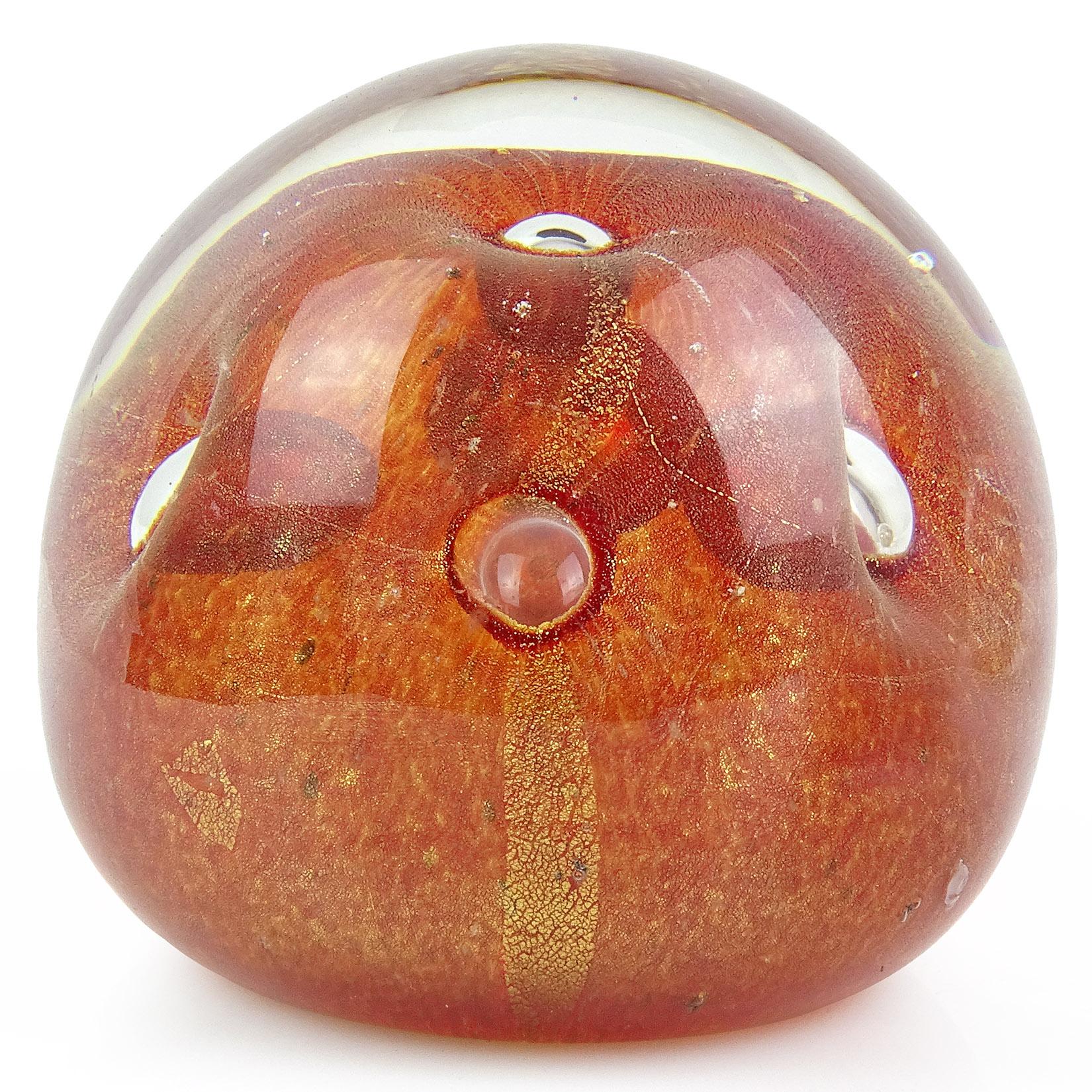 Hand-Crafted Barbini Murano Red Blue Gold Flecks Italian Art Glass Bubble Design Paperweights For Sale