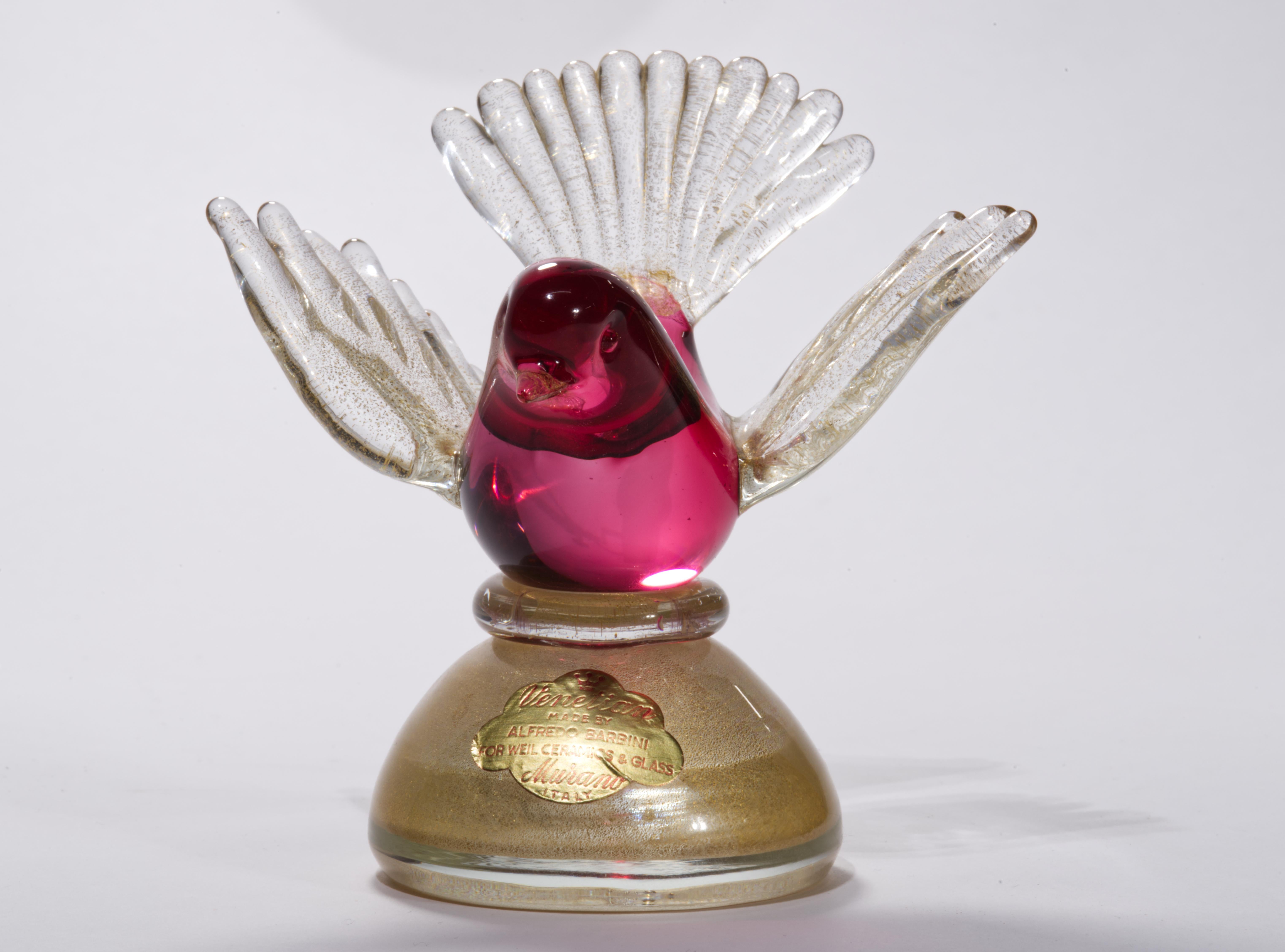 Barbini Murano Ruby Red Gold Flecks Italian Art Glass Bird Sculpture Signed For Sale 7