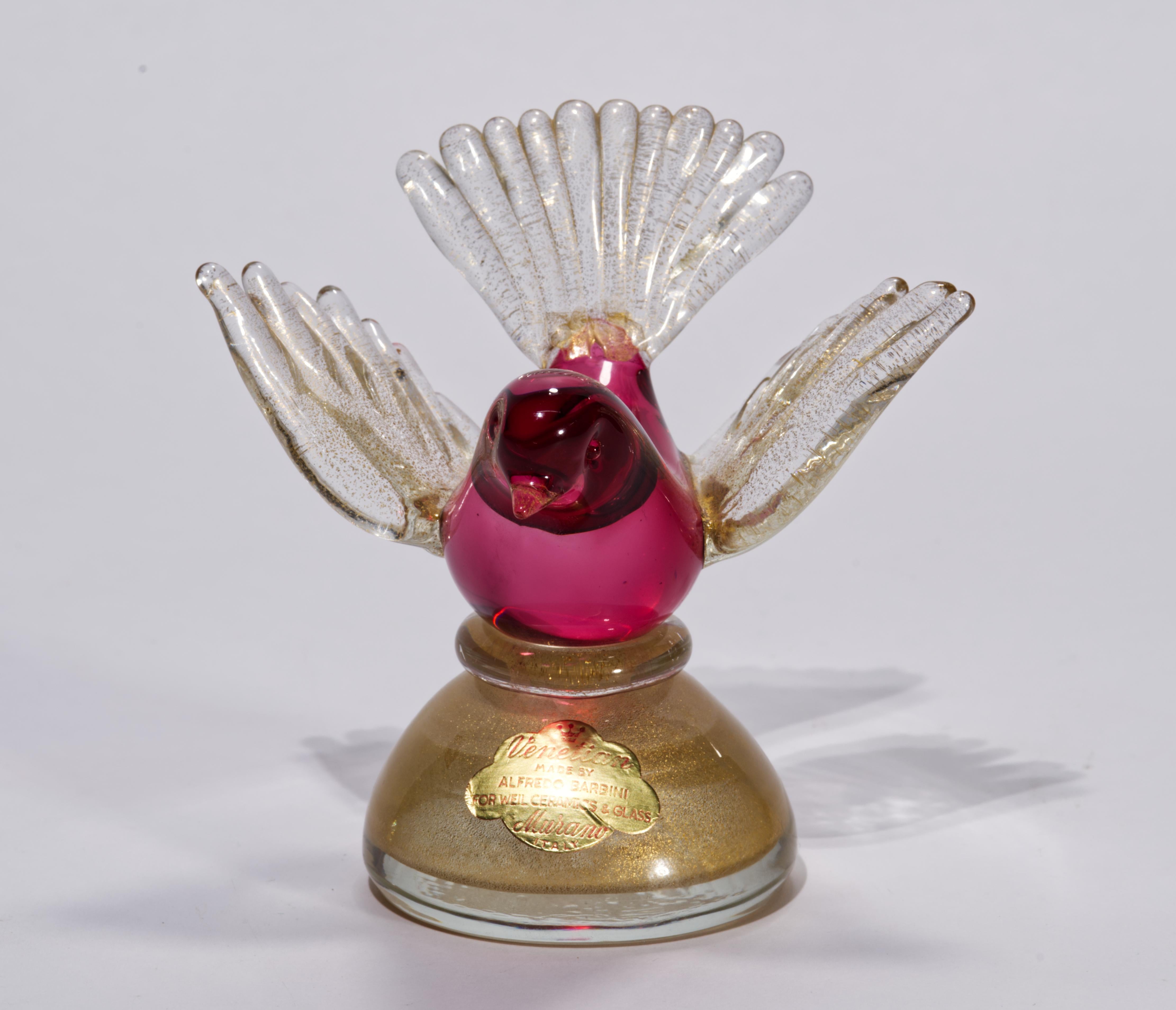 Mid-Century Modern Barbini Murano Ruby Red Gold Flecks Italian Art Glass Bird Sculpture Signed For Sale
