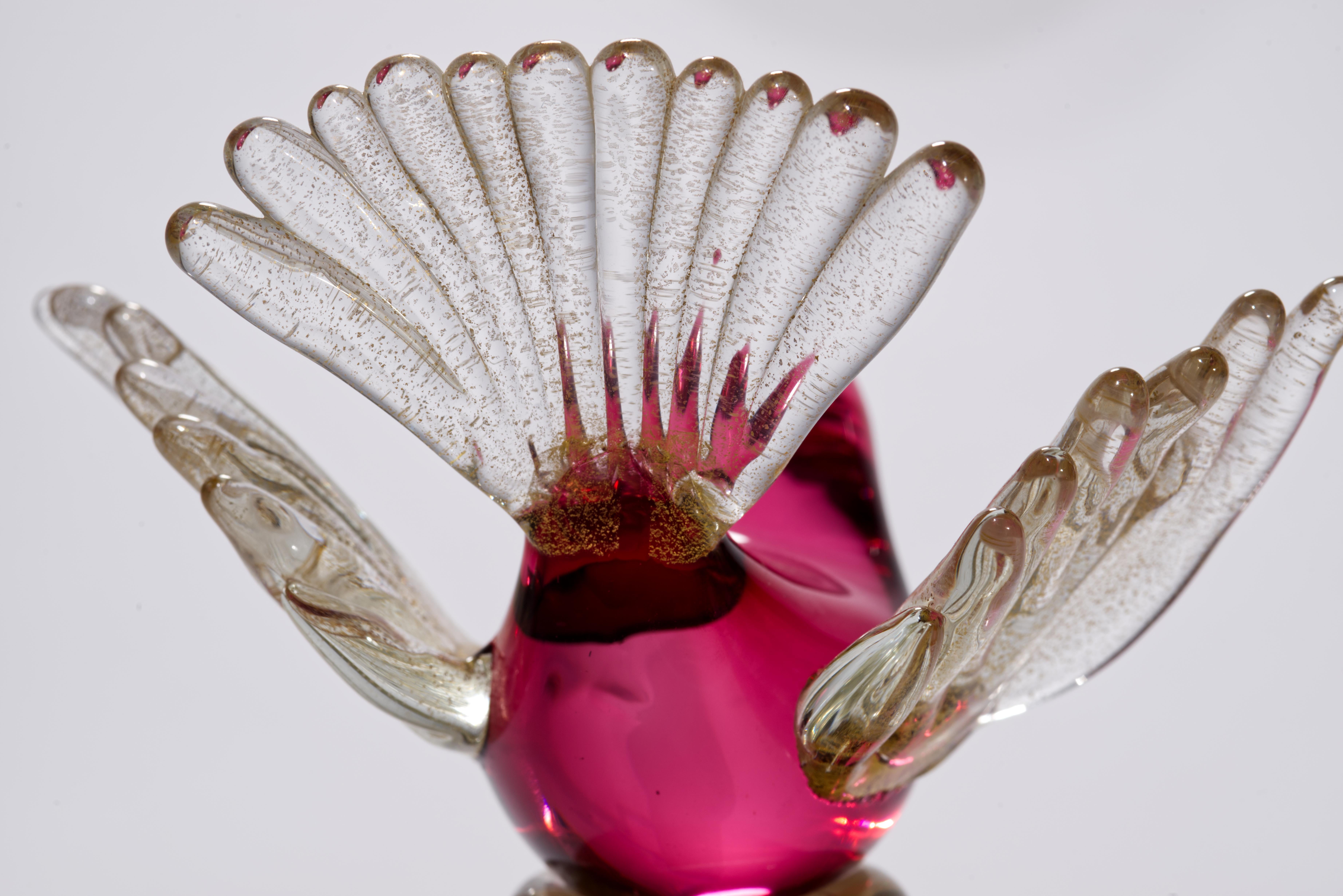 20th Century Barbini Murano Ruby Red Gold Flecks Italian Art Glass Bird Sculpture Signed For Sale