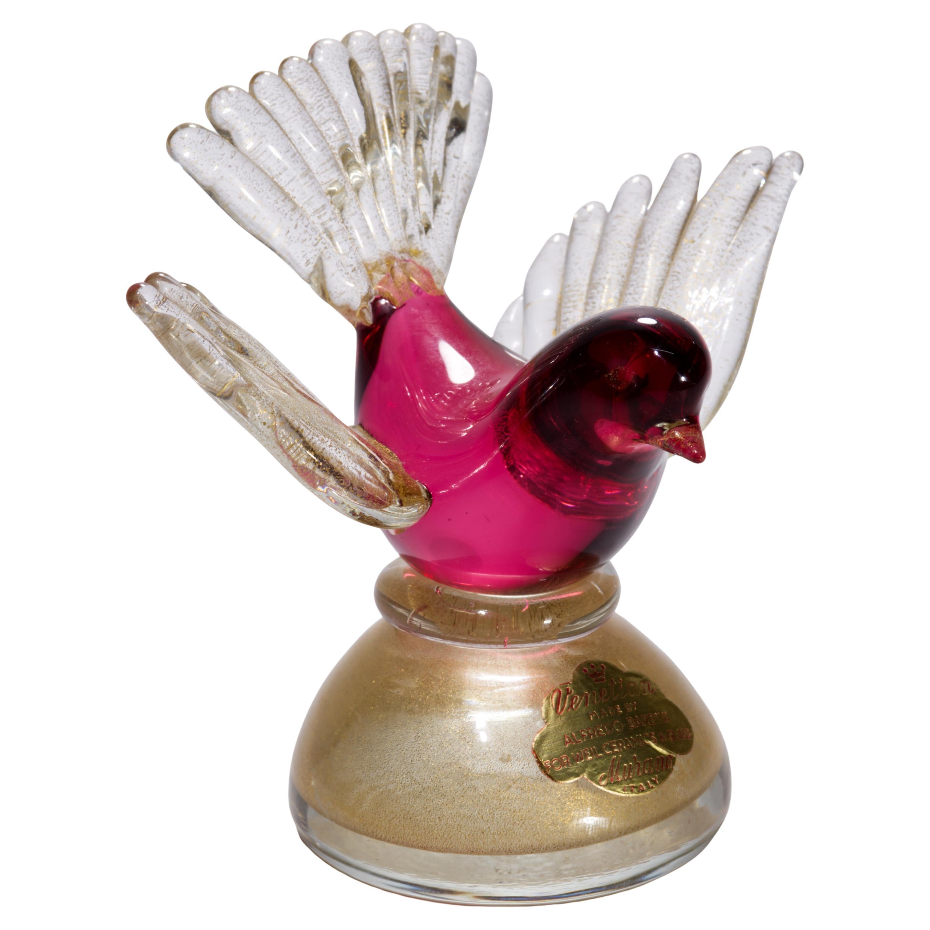Barbini Murano Ruby Red Gold Flecks Italian Art Glass Bird Sculpture Signed