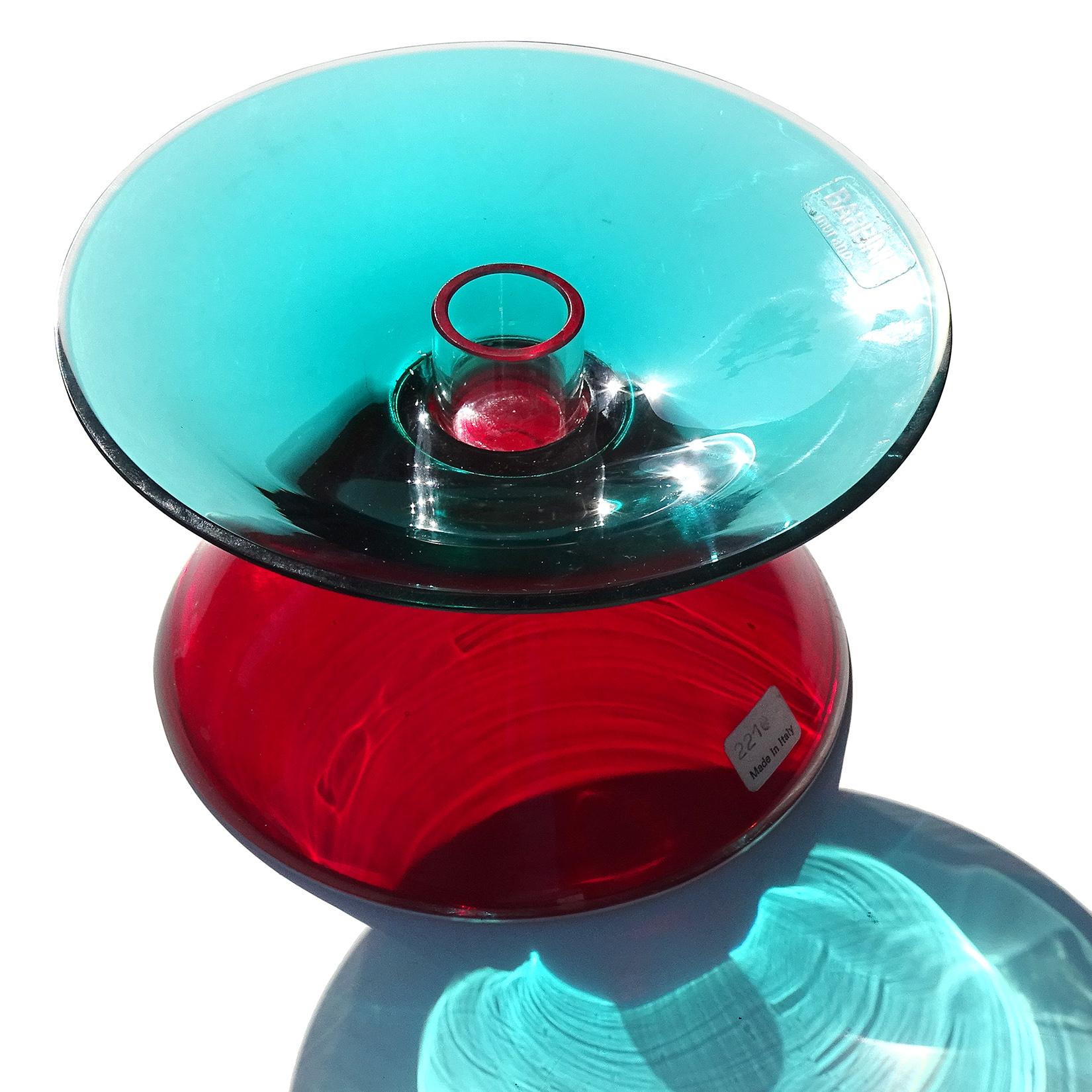 Mid-Century Modern Barbini Murano Signature Aqua Red Italian Art Glass Hourglass Candle Holders For Sale