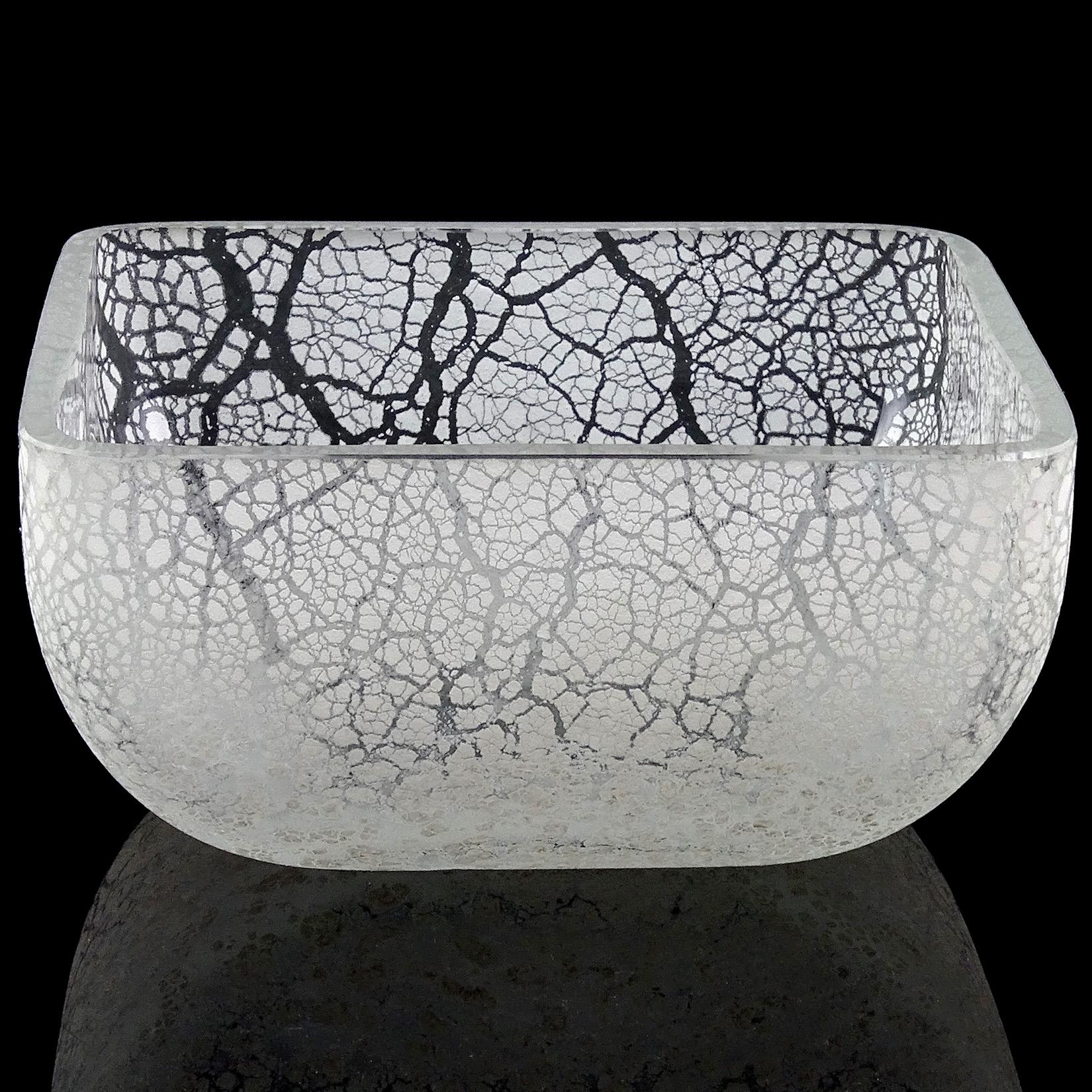 Beautiful vintage Murano hand blown white Italian art glass bowl with “Scavo” surface. Documented, and fully signed by designer Alfredo Barbini. The signature reads 