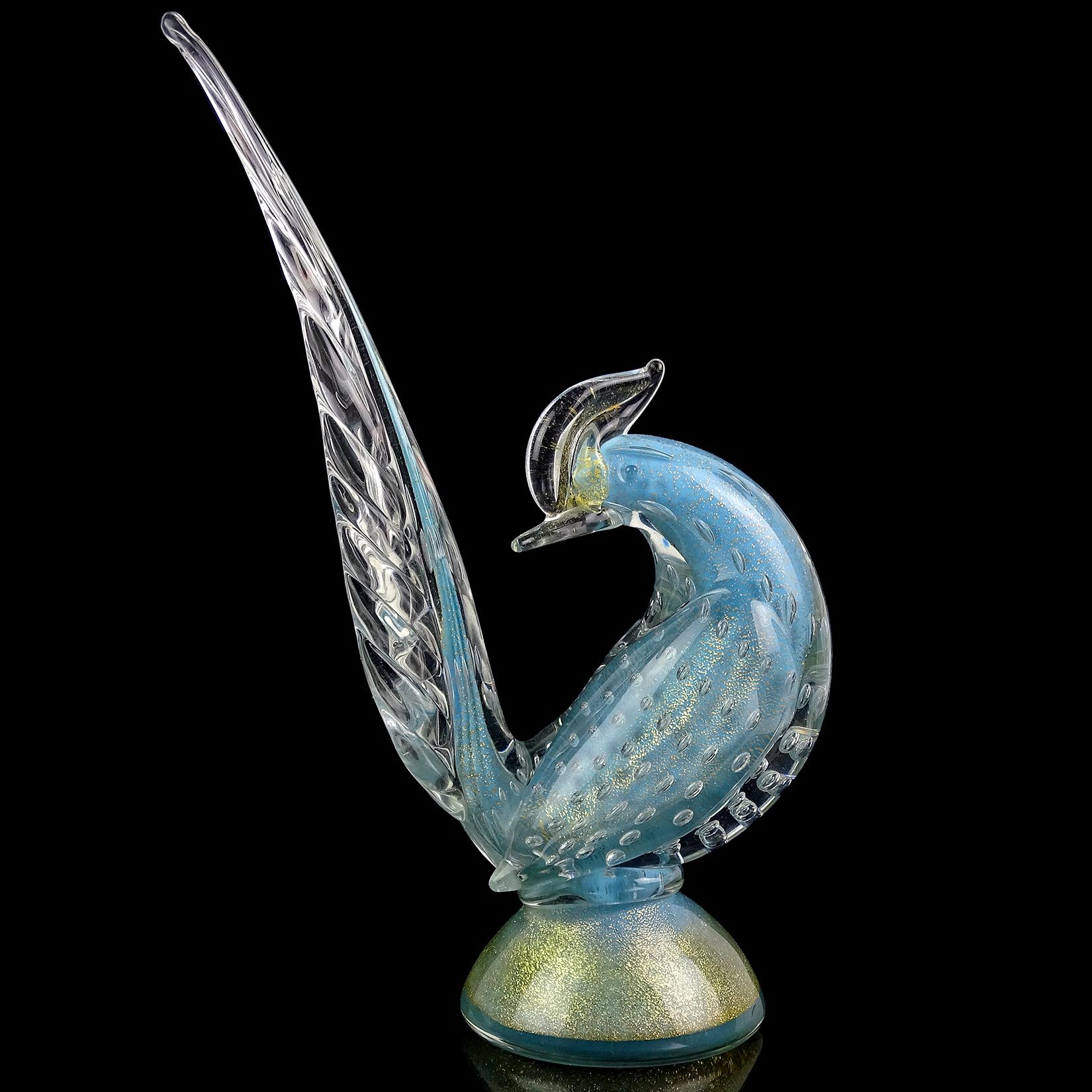 Beautiful vintage Murano hand blown sky blue and gold flecks Italian art glass pheasant bird sculpture. Documented to designer Alfredo Barbini. The bird has a layer of 