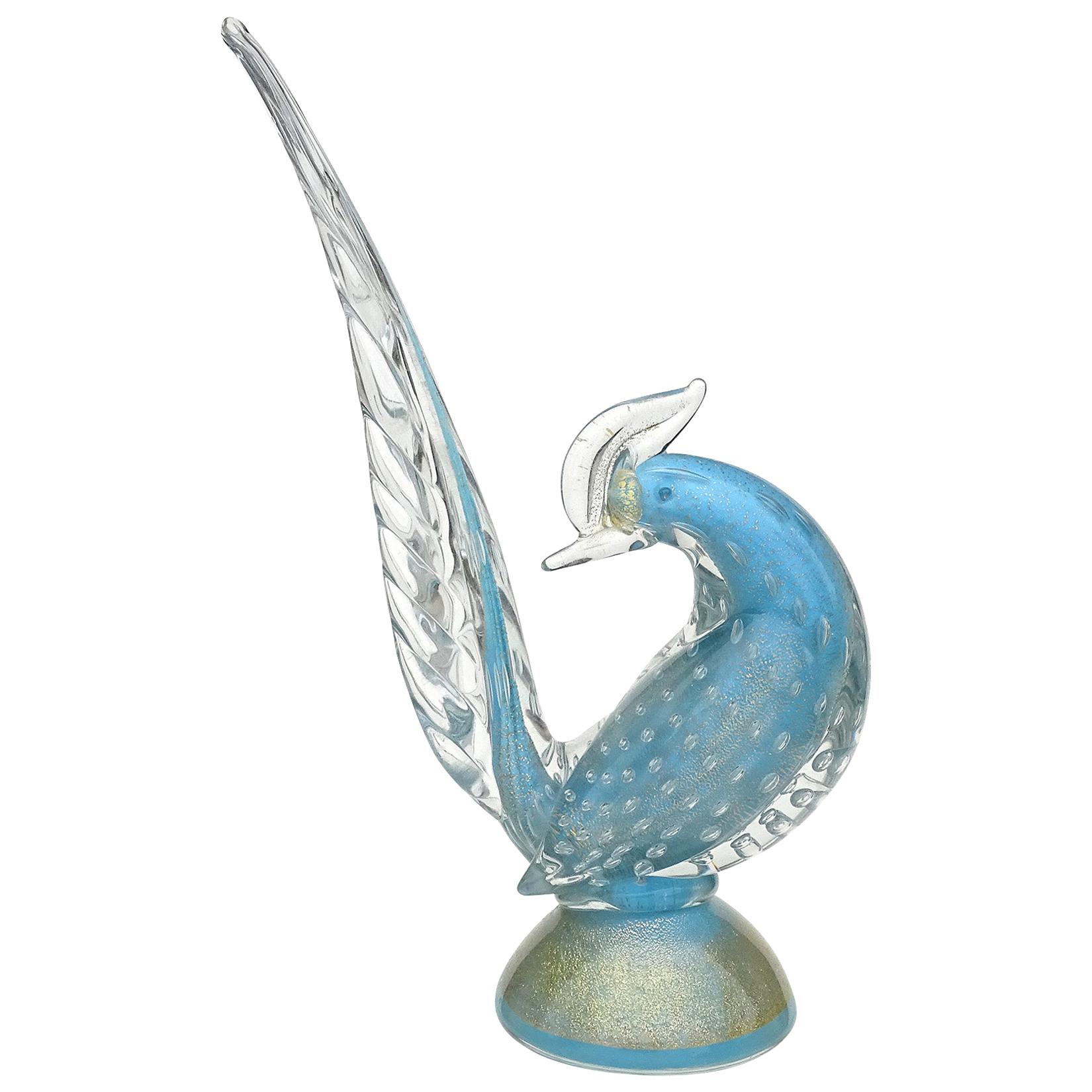 Barbini Murano Sky Blue Gold Flecks Italian Art Glass Pheasant Bird Sculpture