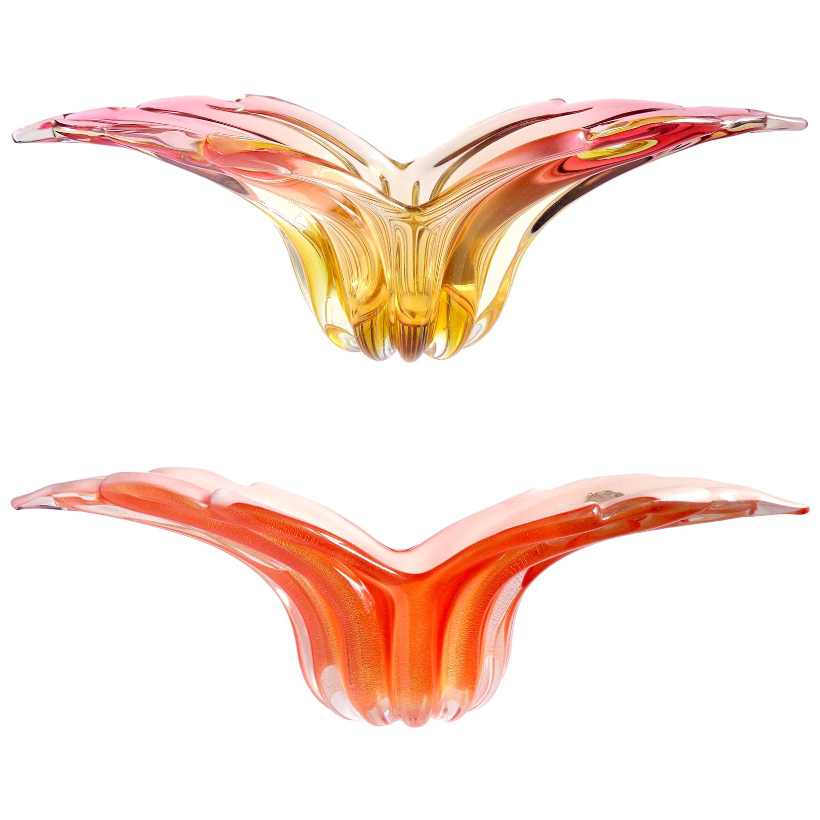 Barbini Murano Sommerso and Solid Orange Hues Italian Art Glass Wing Bowls