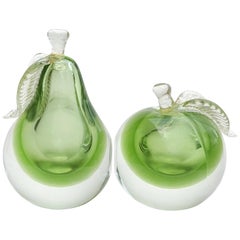 Barbini Murano Sommerso Apple Green Gold Flecks Italian Art Glass Fruit Bookends