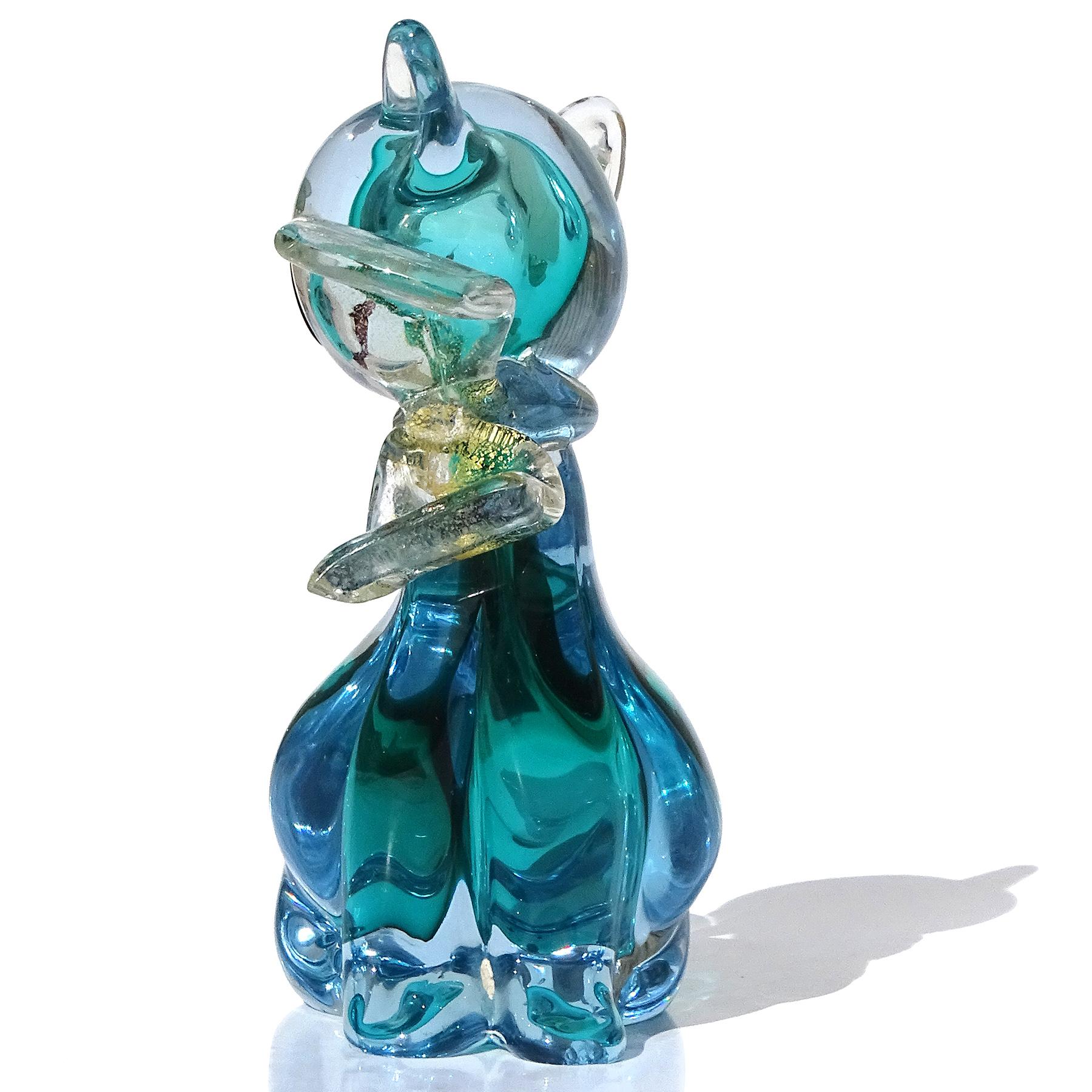 Italiano Barbini Murano Sommerso Aqua Blue Gold Leaf Figurina di gatto in vetro artistico italiano in vendita