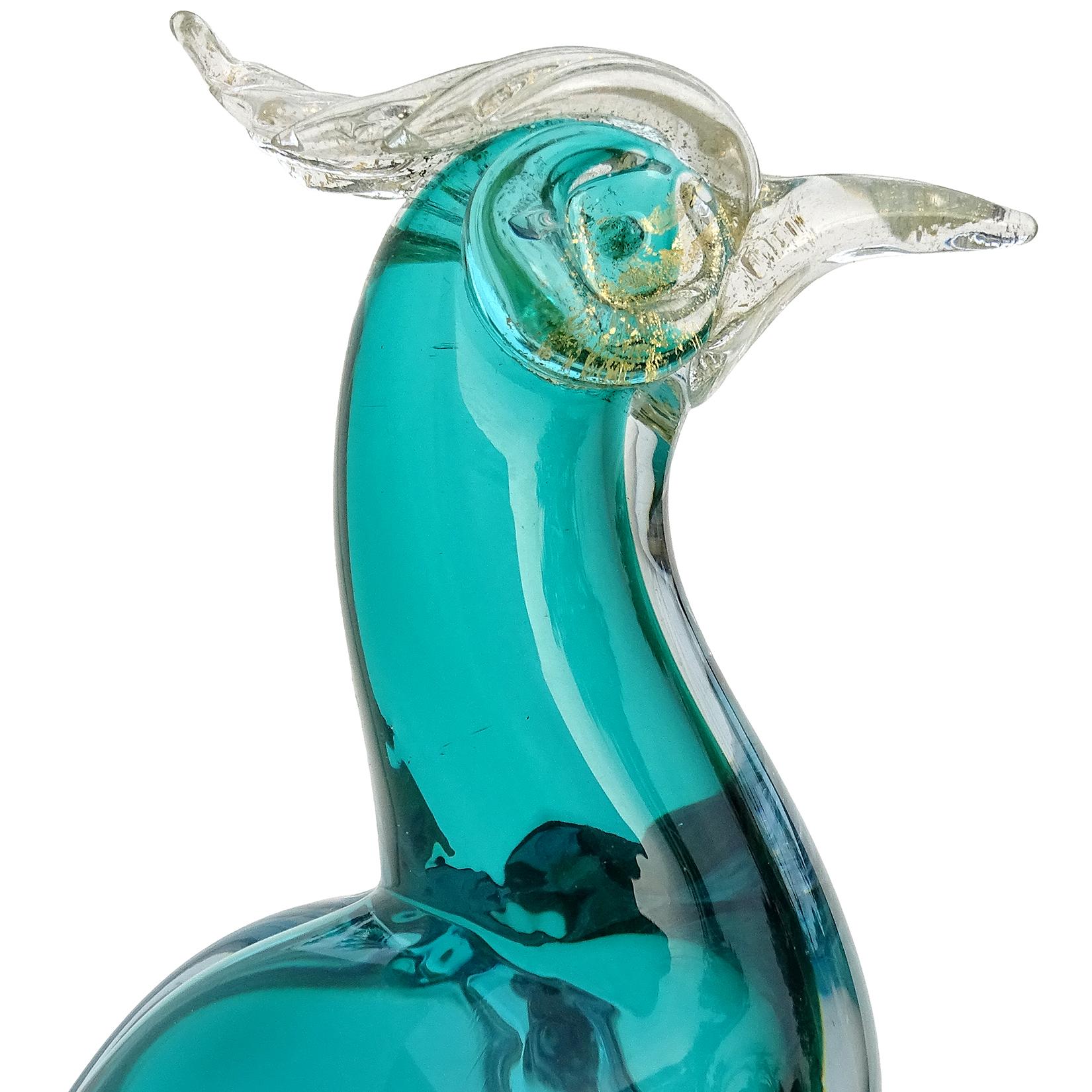 Hand-Crafted Barbini Murano Sommerso Aqua Gold Italian Art Glass Pheasant Bird Sculpture Set