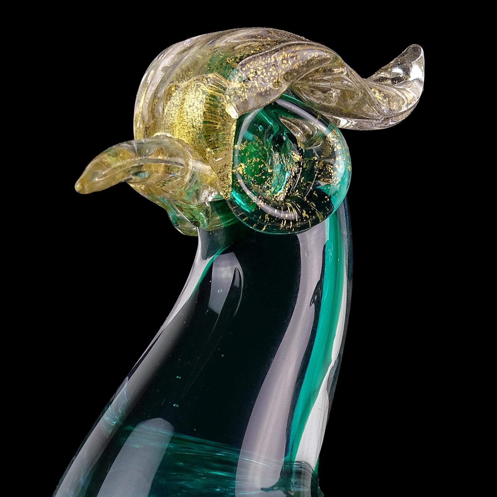 Barbini Murano Sommerso Aqua Gold Italian Art Glass Pheasant Bird Sculpture Set In Good Condition In Kissimmee, FL