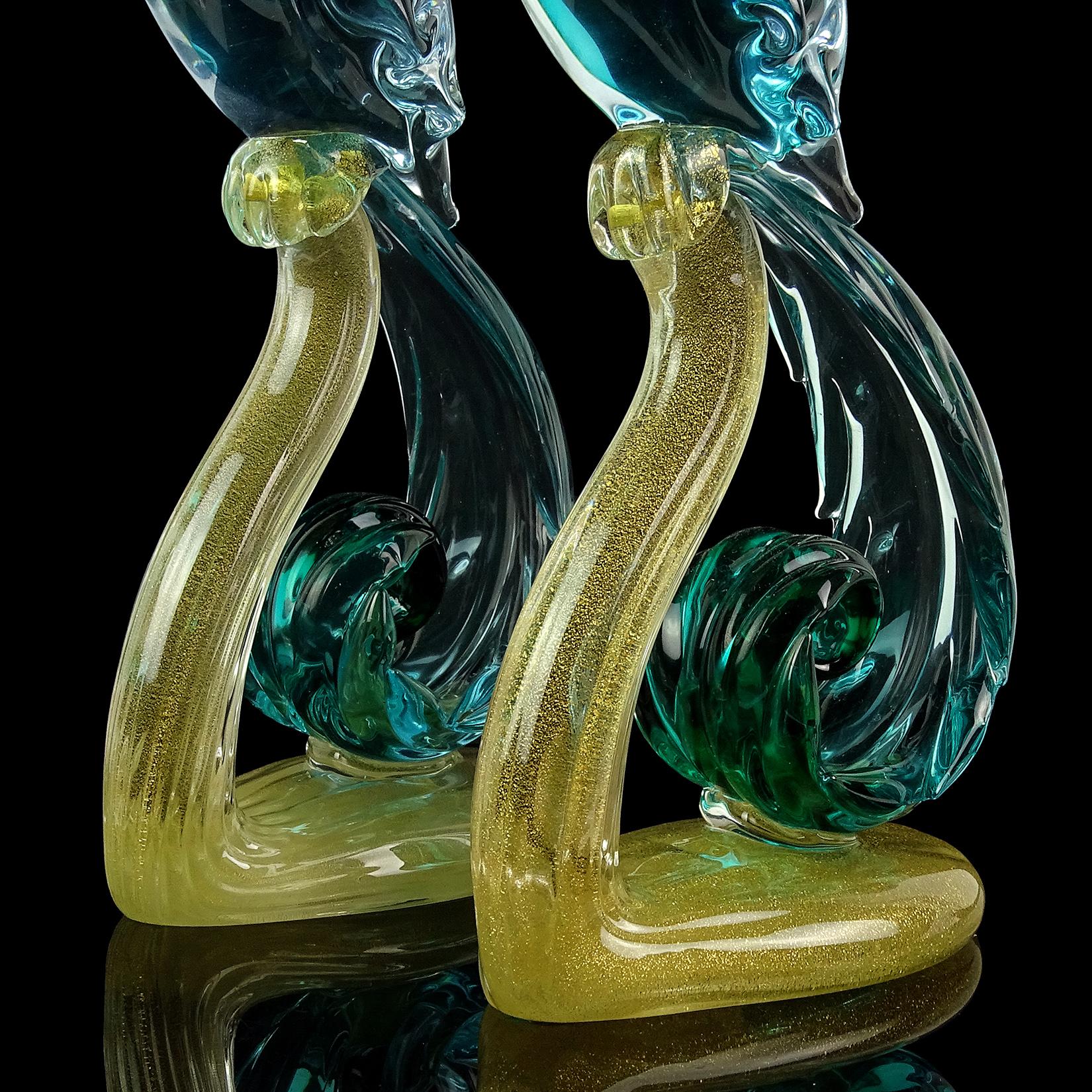 Barbini Murano Sommerso Aqua Gold Italian Art Glass Pheasant Bird Sculpture Set 2
