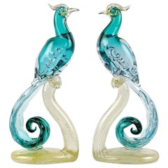 Barbini Murano Sommerso Aqua Gold Italian Art Glass Pheasant Bird Sculpture Set