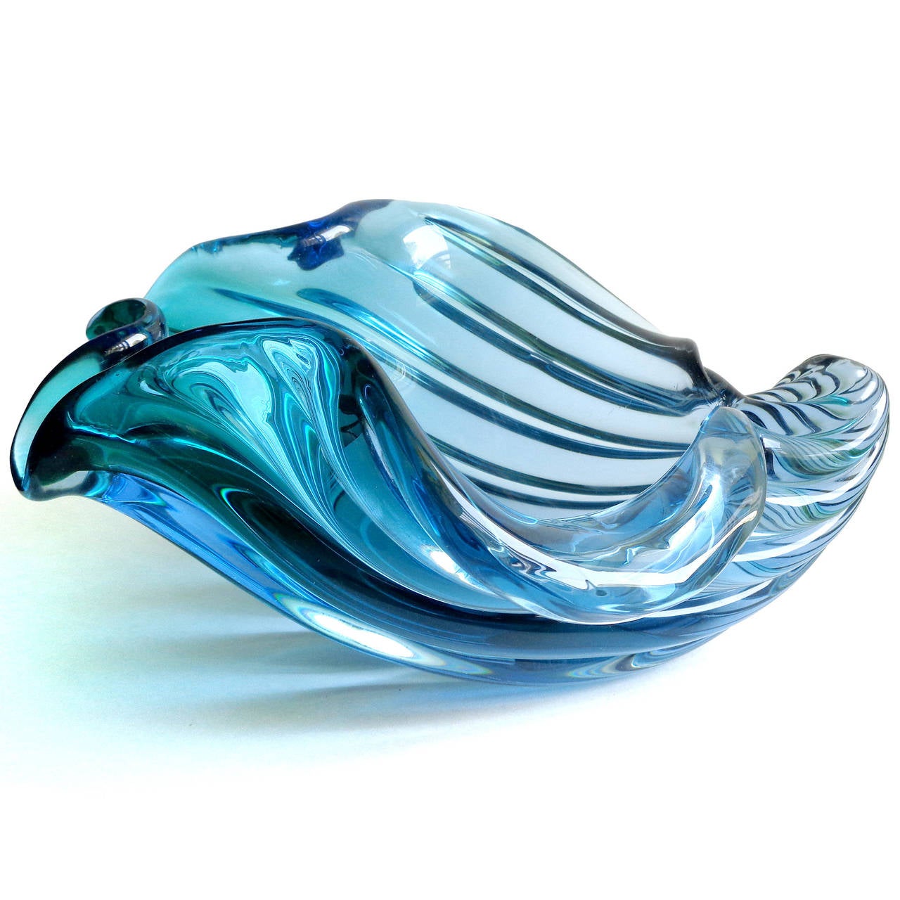 Beautiful large vintage Murano handblown Sommerso blue and aqua Italian art glass centerpiece seashell sculptural bowl. Documented to designer Alfredo Barbini. Published in his catalog. Can be used as a display piece on any table. Use it as a fruit