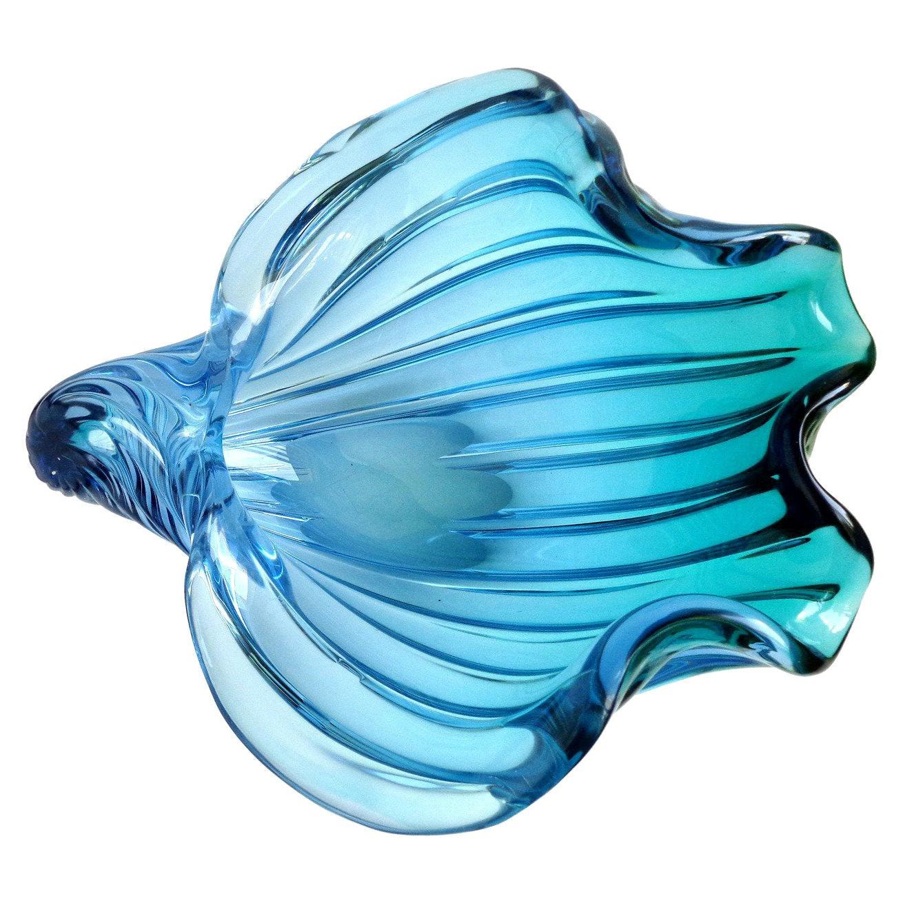 Barbini Murano Sommerso Blue Aqua Italian Art Glass Seashell Sculpture Bowl