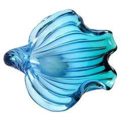 Barbini Murano Sommerso Blue Aqua Italian Art Glass Seashell Sculpture Bowl