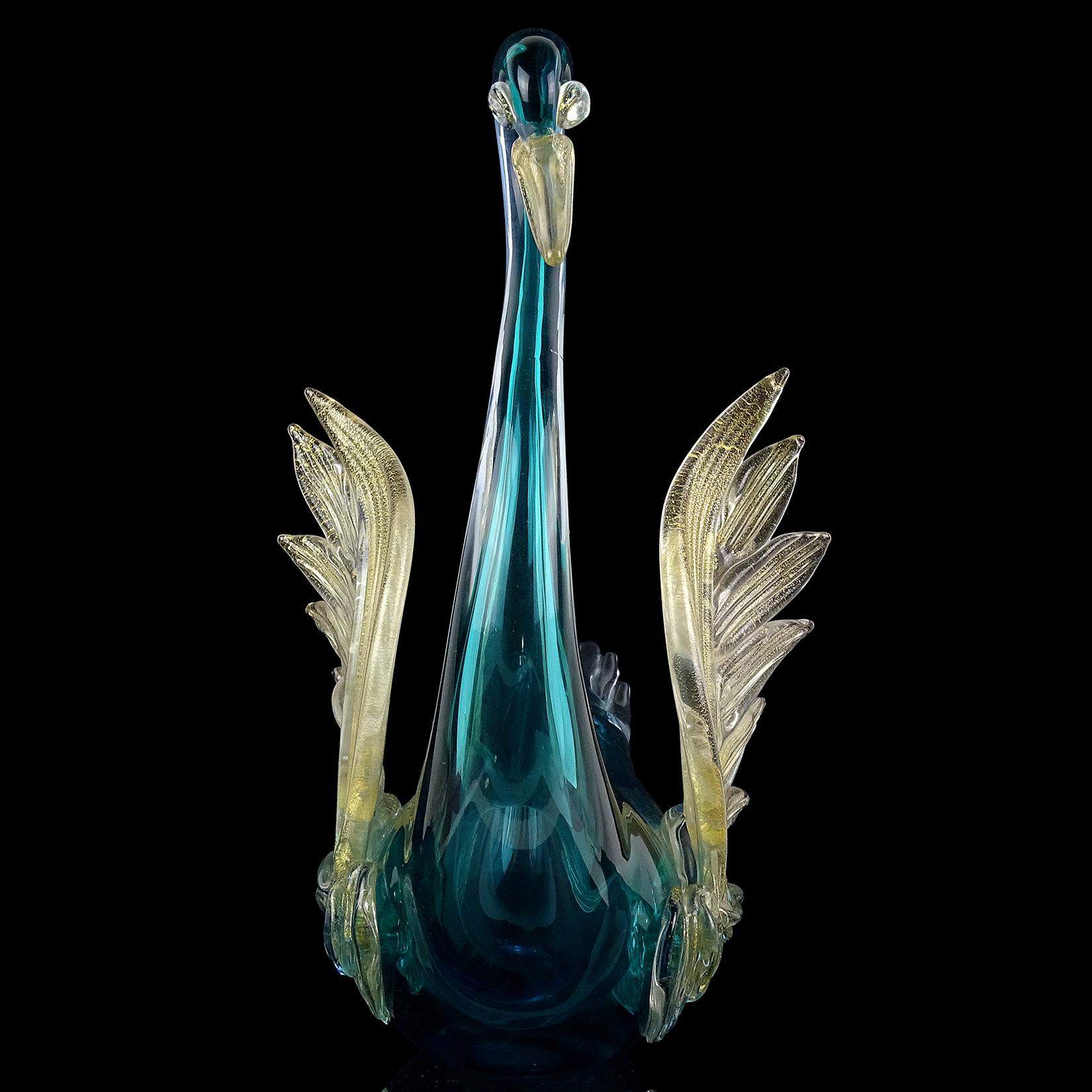 Mid-Century Modern Barbini Murano Sommerso Blue Gold Flecks Italian Art Glass Swan Bird Sculpture