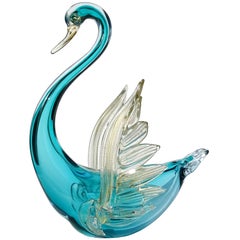 Barbini Murano Sommerso Blue Gold Flecks Italian Art Glass Swan Bird Sculpture
