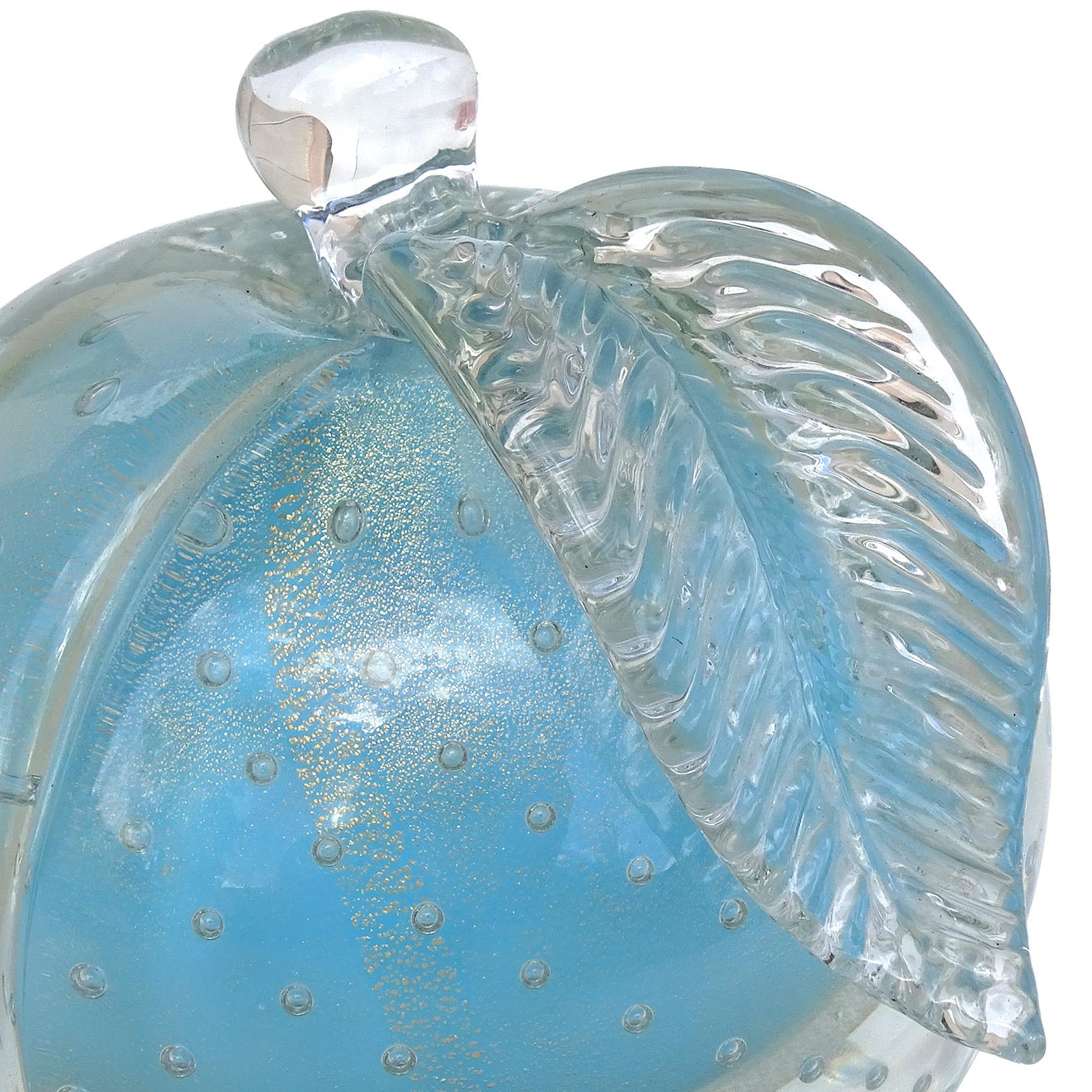 Beautiful vintage Murano hand blown Sommerso sky blue with gold flecks Italian art glass pear and apple fruit bookends. Documented to designer Alfredo Barbini, circa 1950-1960. Published in his catalog. Each piece has 2 polished ends, so they can be