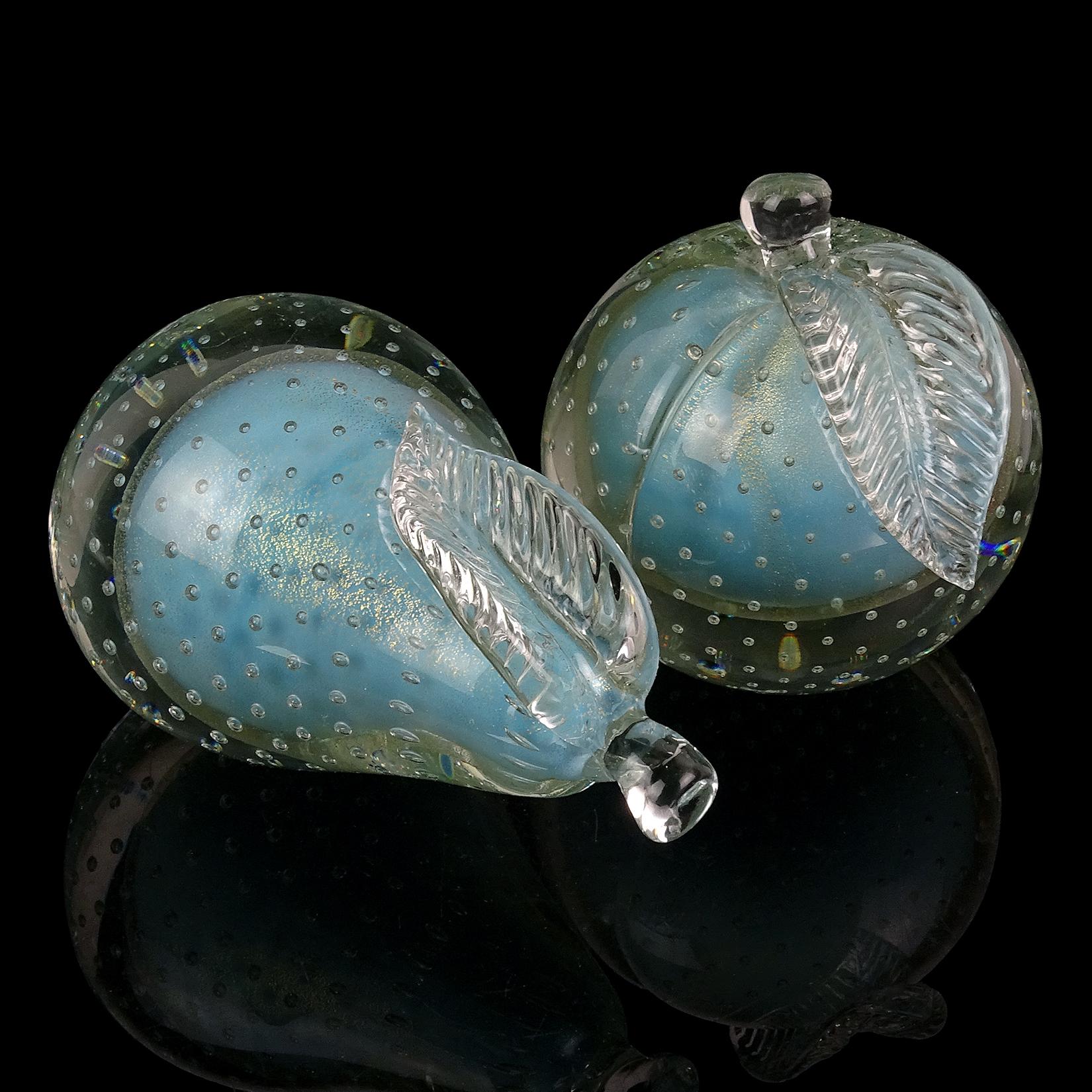 20th Century Barbini Murano Sommerso Blue Gold Leaf Italian Art Glass Apple Pear Bookends