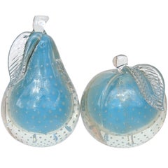 Barbini Murano Sommerso Blue Gold Leaf Italian Art Glass Apple Pear Bookends