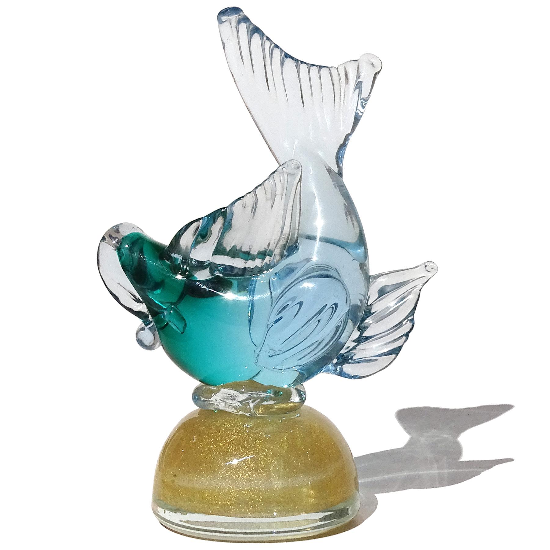 Mid-Century Modern Barbini Murano Sommerso Blue Green Gold Flecks Italian Art Glass Fish Sculpture For Sale