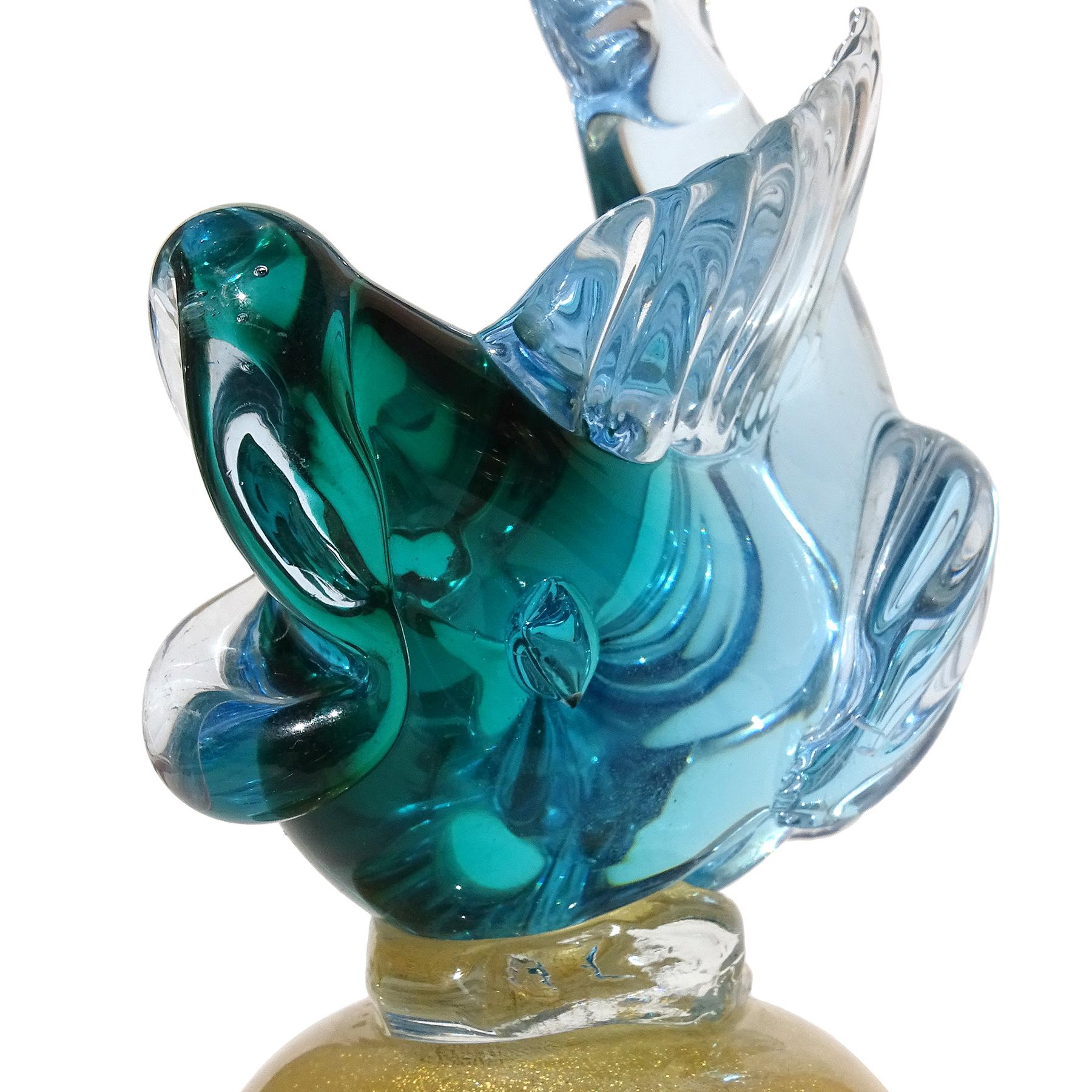 Hand-Crafted Barbini Murano Sommerso Blue Green Gold Flecks Italian Art Glass Fish Sculpture For Sale
