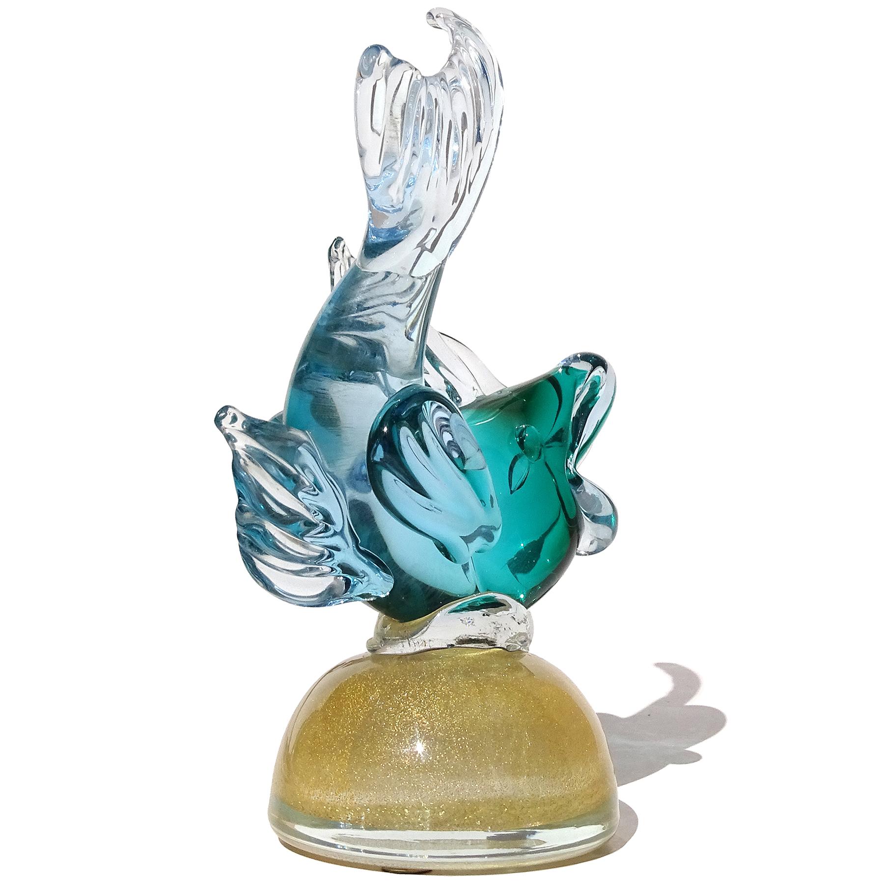 Fait main Barbini Murano Sommerso Blue Green Gold Flecks Italian Art Glass Fish Sculpture en vente