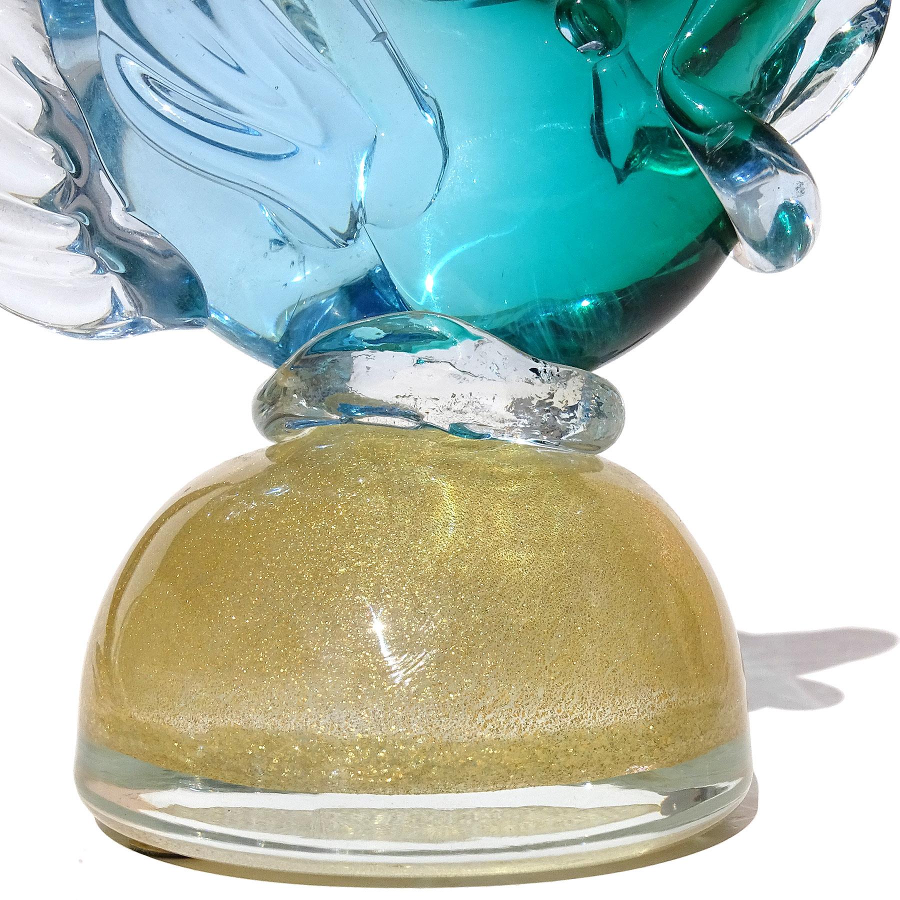 Barbini Murano Sommerso Blau Grün Gold Flecken Italienische Kunst Glas Fisch Skulptur im Angebot 1