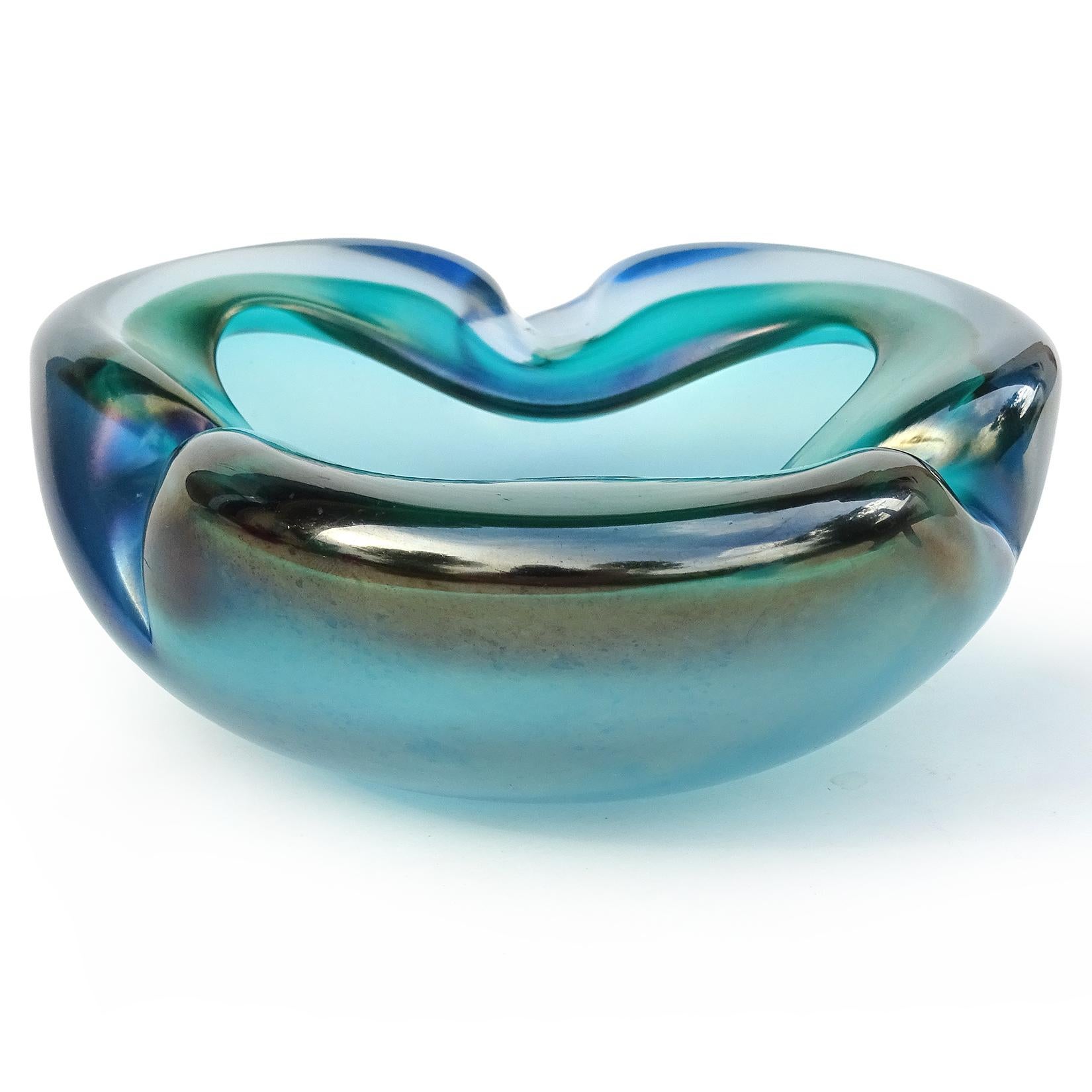 Hand-Crafted Barbini Murano Sommerso Blue Green Iridescent Italian Art Glass Bowl Ashtray For Sale